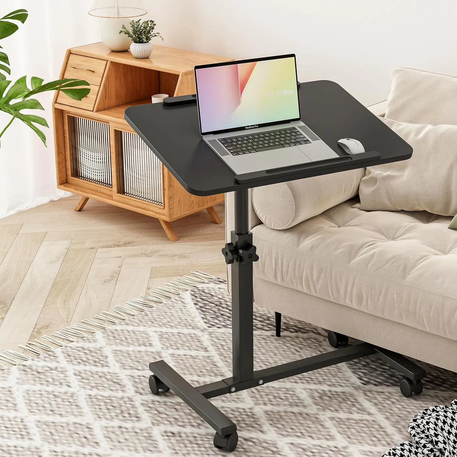 Bed Desk Adjustable Overbed Bedside Table Rolling Laptop Tray Desk Cart Height Portable Mobile Sit Stand Table Tilting Hospital Bed with Wheels