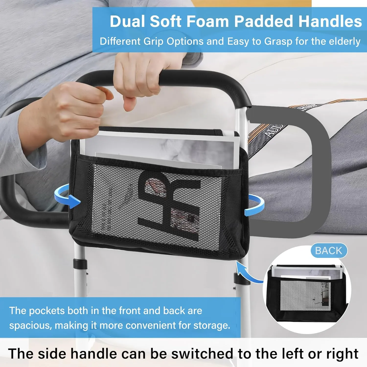 Bed Safety Rails for Elderly Adults, Adjustable Bed Guard Railing with Storage Bag and Side Handle, Bed Assist Bar Fits King, Queen, Full, Twin