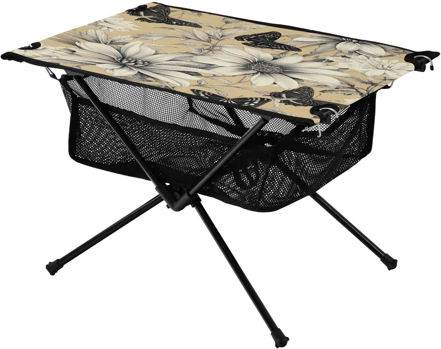 Beige Flower Butterflies Portable Folding Camping Table, Compact Lightweight Beach Table with Carrying Bag for Outdoor Picnics, BBQs, Camp