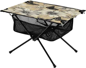 Beige Flower Butterflies Portable Folding Camping Table, Compact Lightweight Beach Table with Carrying Bag for Outdoor Picnics, BBQs, Camp