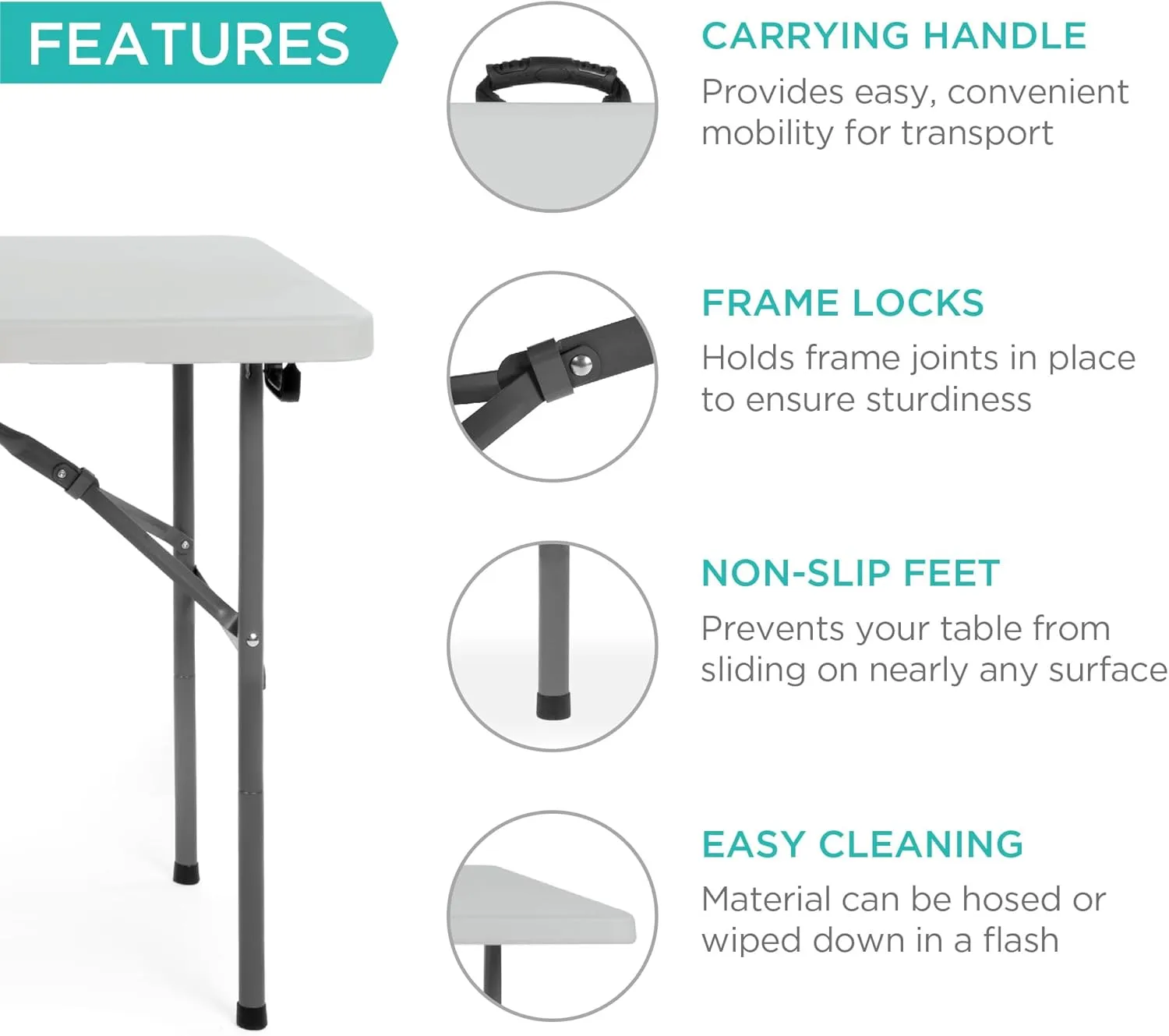 Best Choice Products 4ft Plastic Folding Table, Indoor Outdoor Heavy Duty Portable w/Handle, Lock for Picnic, Party, Camping - Light Gray