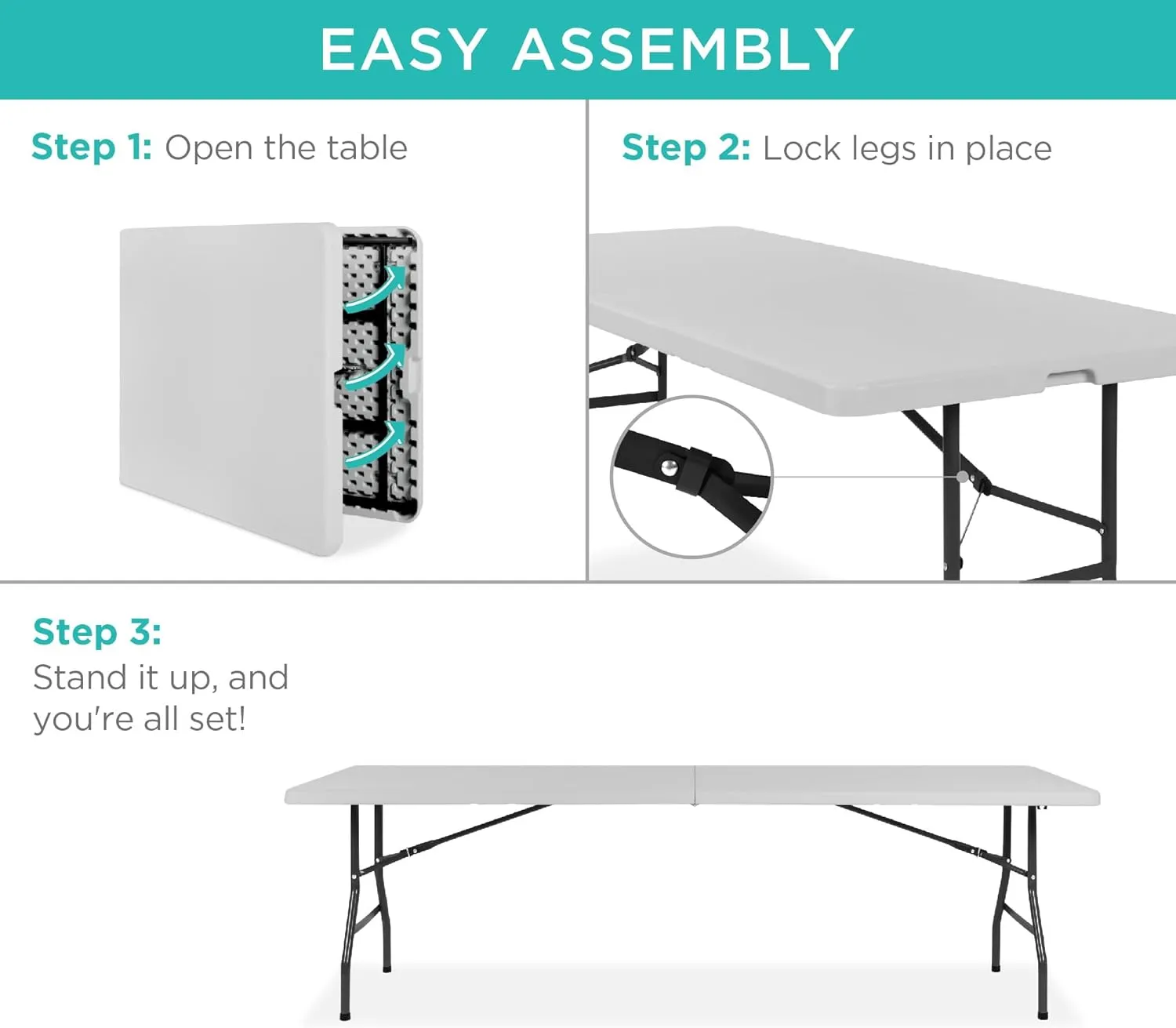 Best Choice Products 8ft Plastic Folding Table, Indoor Outdoor Heavy Duty Portable w/Handle, Lock for Picnic, Party, Pong, Camping - Light Gray