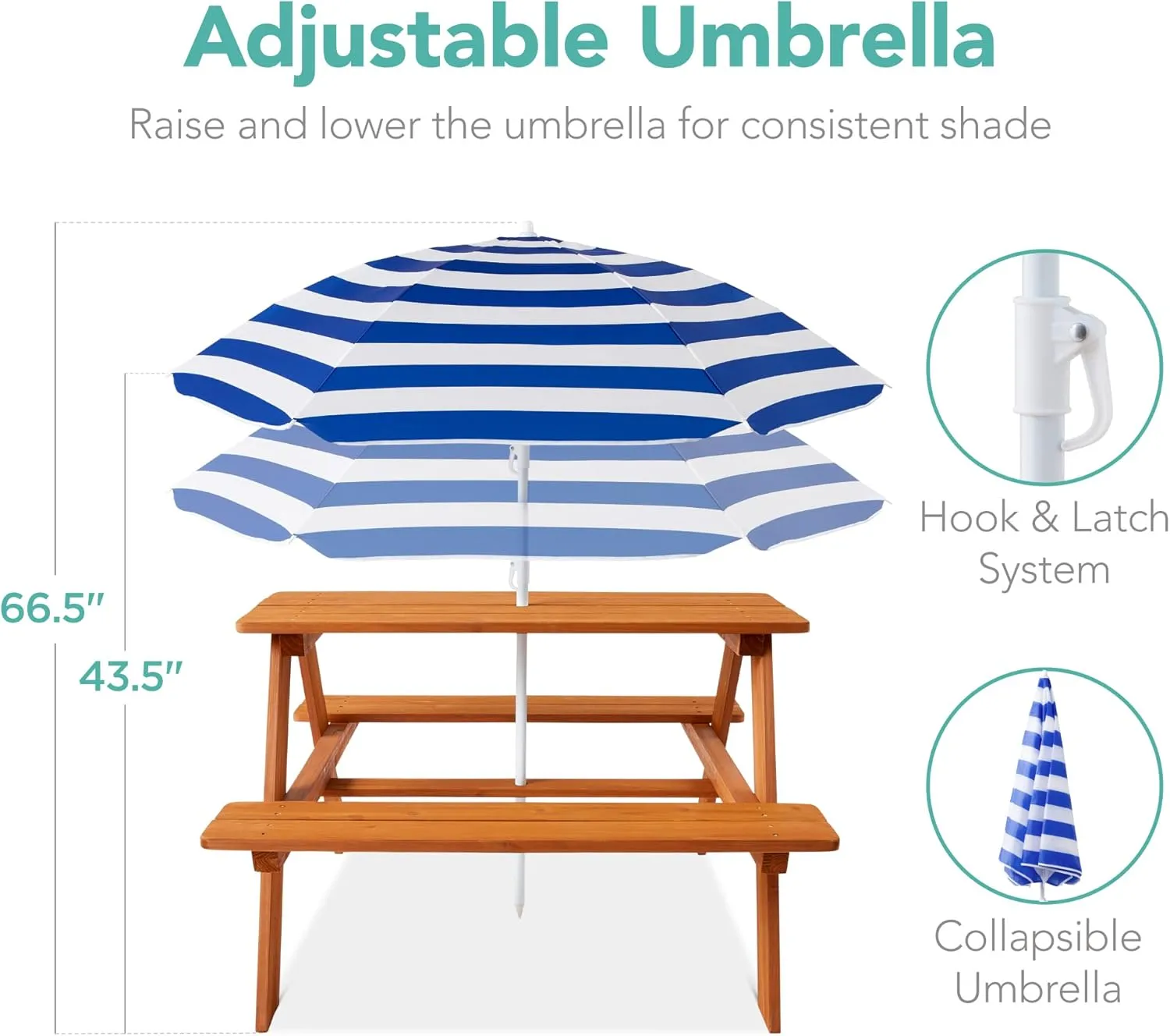Best Choice Products Kids Wooden Picnic Table, Outdoor Activity & Dining Table w/Adjustable Collapsible Umbrella, Built-in Seats - Golden Brown/Navy