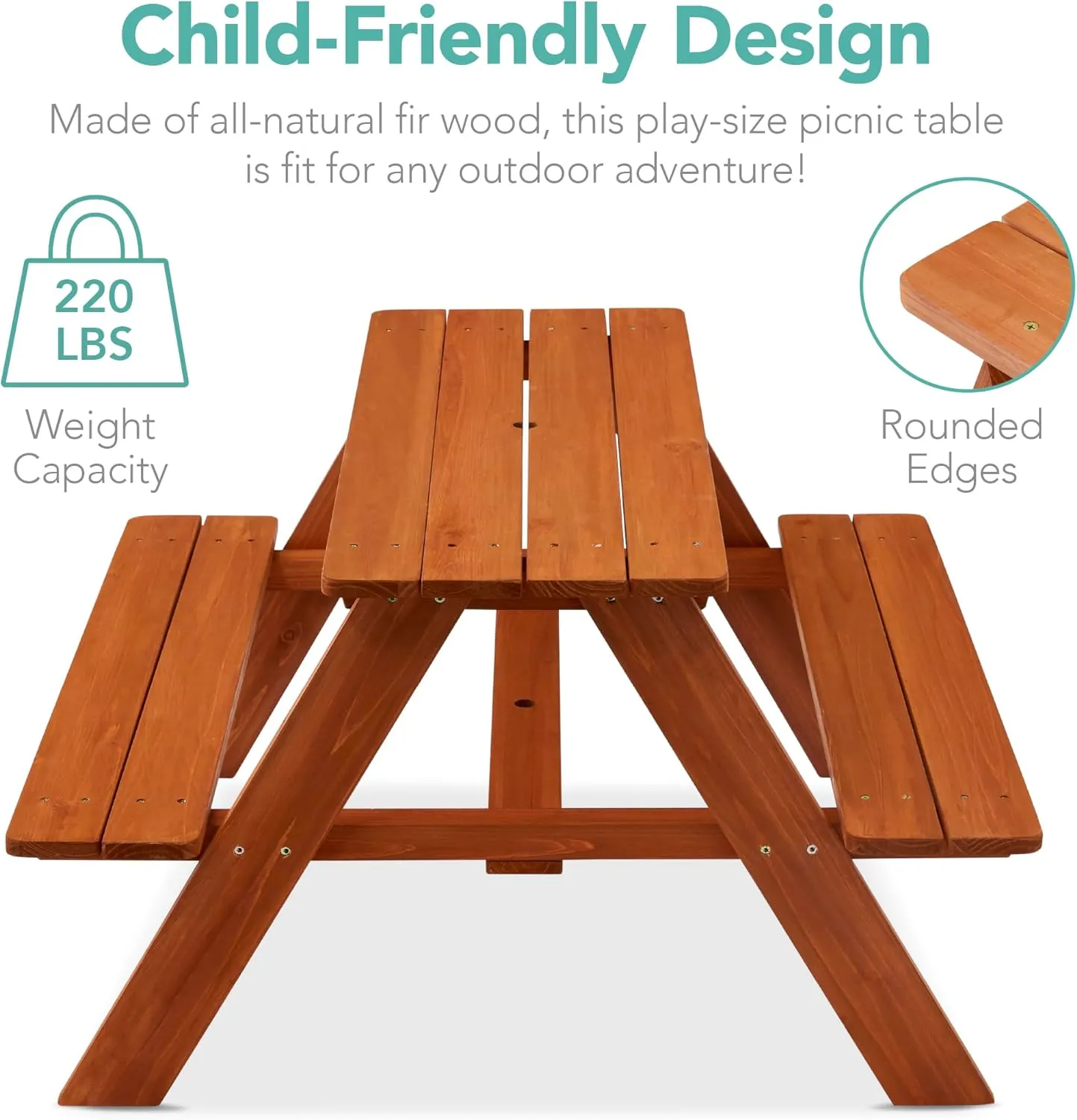 Best Choice Products Kids Wooden Picnic Table, Outdoor Activity & Dining Table w/Adjustable Collapsible Umbrella, Built-in Seats - Golden Brown/Navy