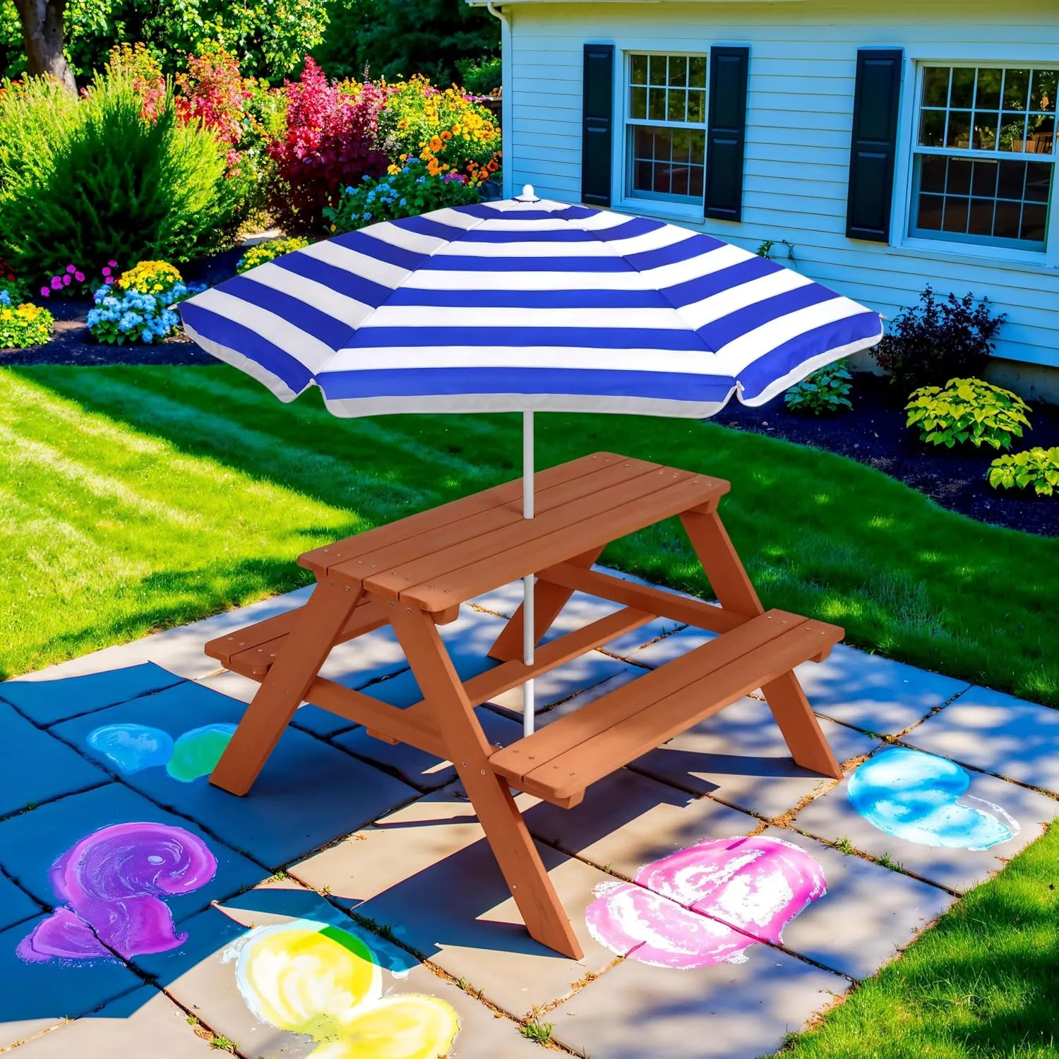Best Choice Products Kids Wooden Picnic Table, Outdoor Activity & Dining Table w/Adjustable Collapsible Umbrella, Built-in Seats - Golden Brown/Navy