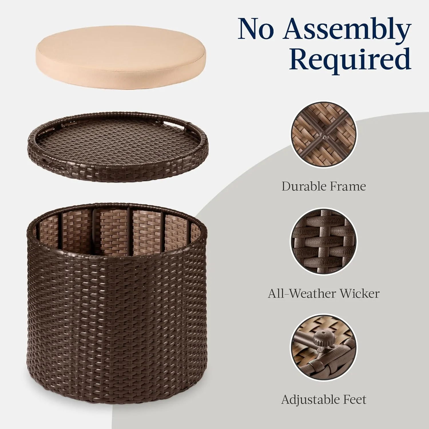 Best Choice Products Round Wicker Ottoman, Multipurpose Outdoor Furniture for Patio, Backyard, Additional Seating, Footrest, Side Table w/Storage, Removable Cushions – Brown/Beige