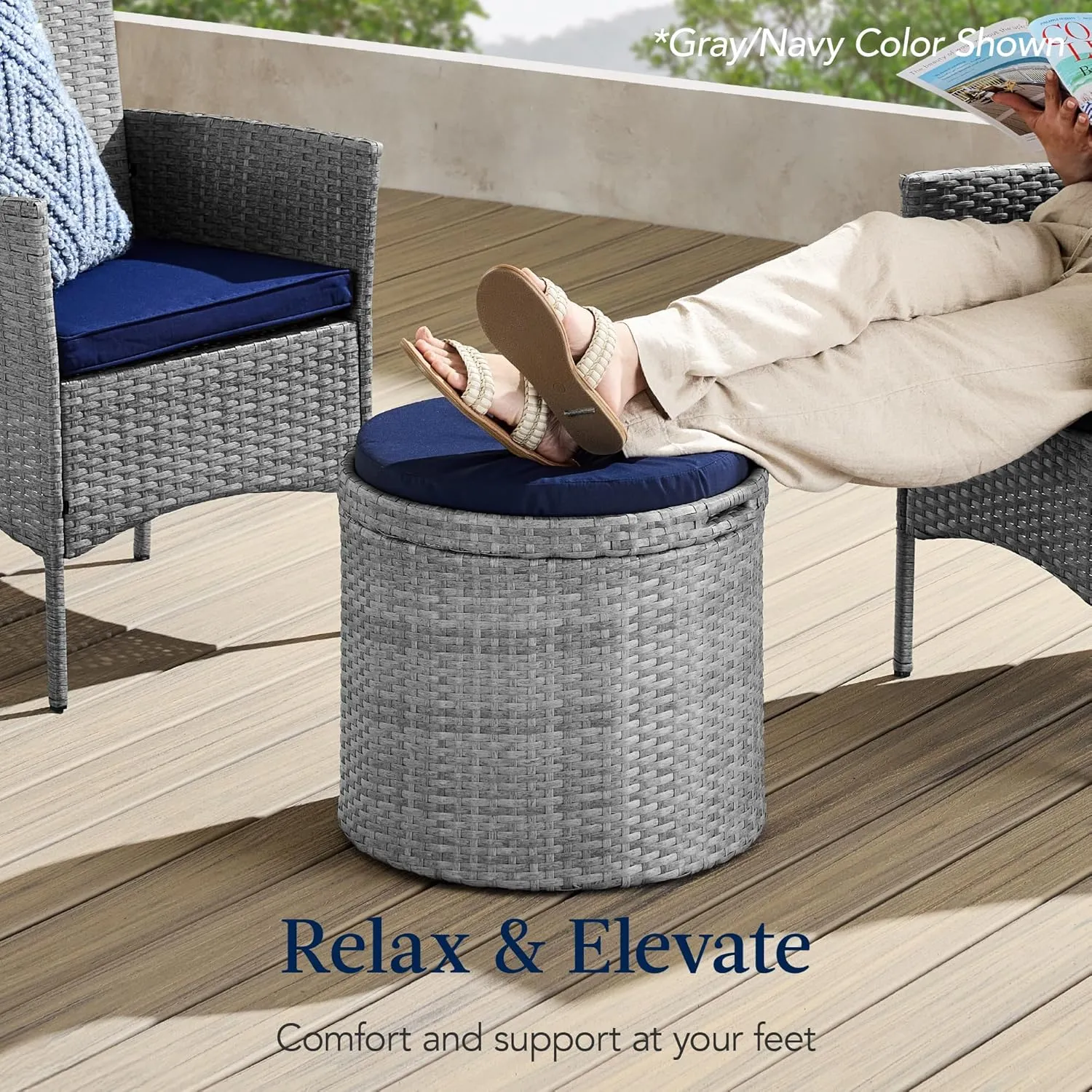 Best Choice Products Round Wicker Ottoman, Multipurpose Outdoor Furniture for Patio, Backyard, Additional Seating, Footrest, Side Table w/Storage, Removable Cushions – Brown/Beige