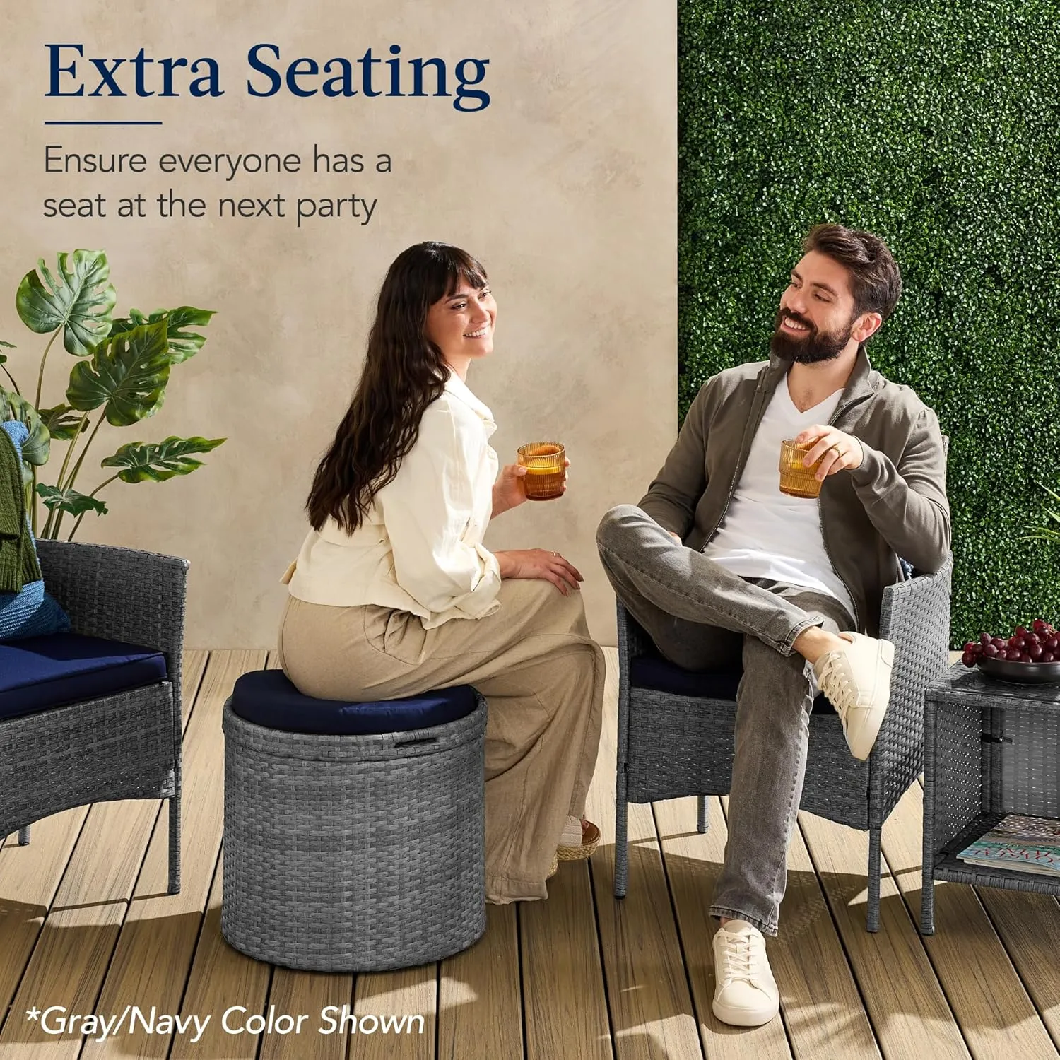 Best Choice Products Round Wicker Ottoman, Multipurpose Outdoor Furniture for Patio, Backyard, Additional Seating, Footrest, Side Table w/Storage, Removable Cushions – Brown/Beige