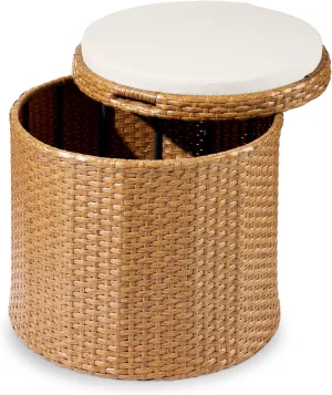 Best Choice Products Round Wicker Ottoman, Multipurpose Outdoor Furniture for Patio, Backyard, Additional Seating, Footrest, Side Table w/Storage, Removable Cushions – Natural/Ivory