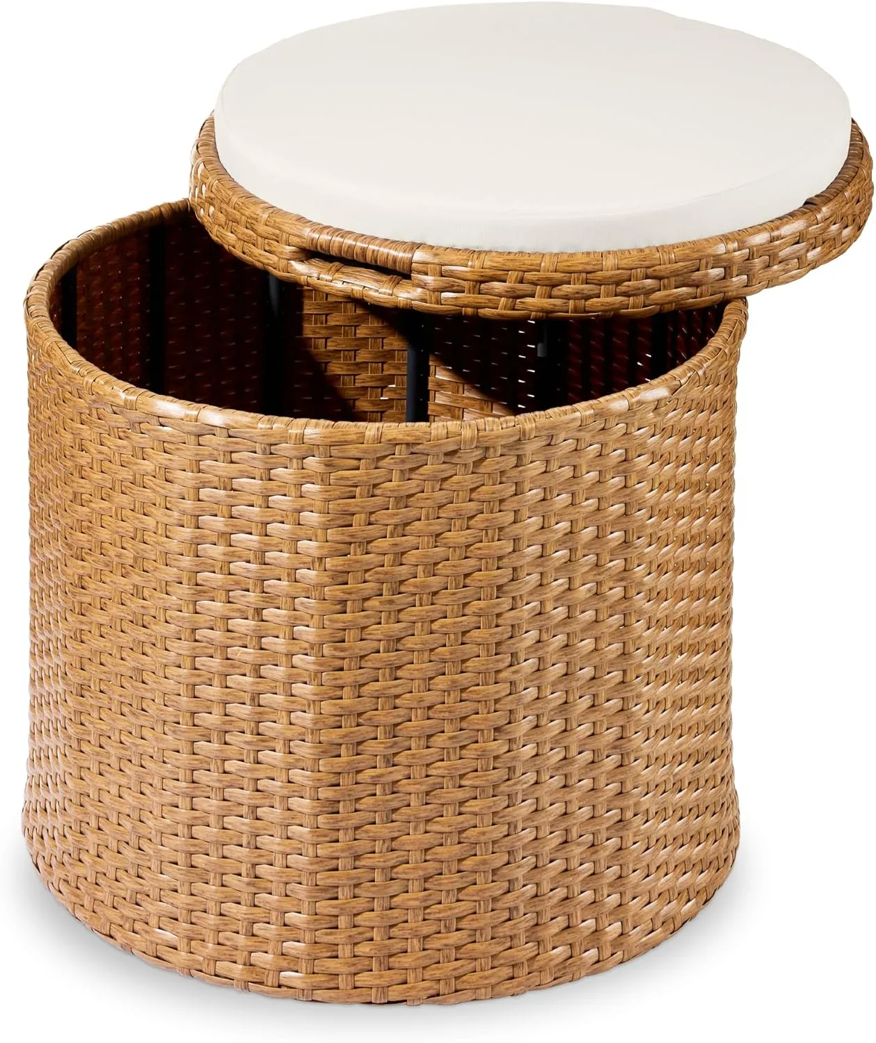 Best Choice Products Round Wicker Ottoman, Multipurpose Outdoor Furniture for Patio, Backyard, Additional Seating, Footrest, Side Table w/Storage, Removable Cushions – Natural/Ivory