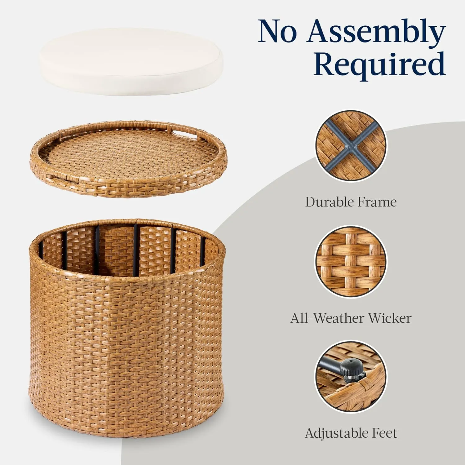 Best Choice Products Round Wicker Ottoman, Multipurpose Outdoor Furniture for Patio, Backyard, Additional Seating, Footrest, Side Table w/Storage, Removable Cushions – Natural/Ivory