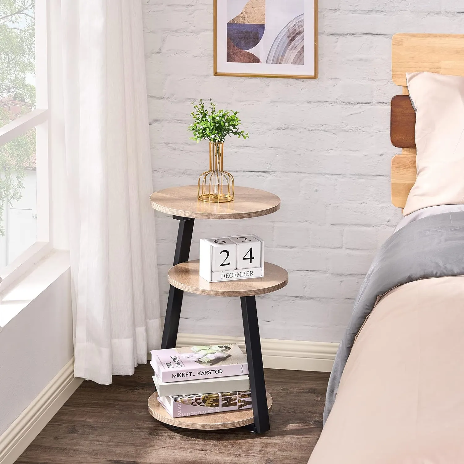 BEWISHOME Round End Table Side Table with Metal Frame, Accent Table Nightstand Bedside Table with 3-Tier Shelves, Small Couch Coffee Table for Living Room Bedroom Greige KTZ41G
