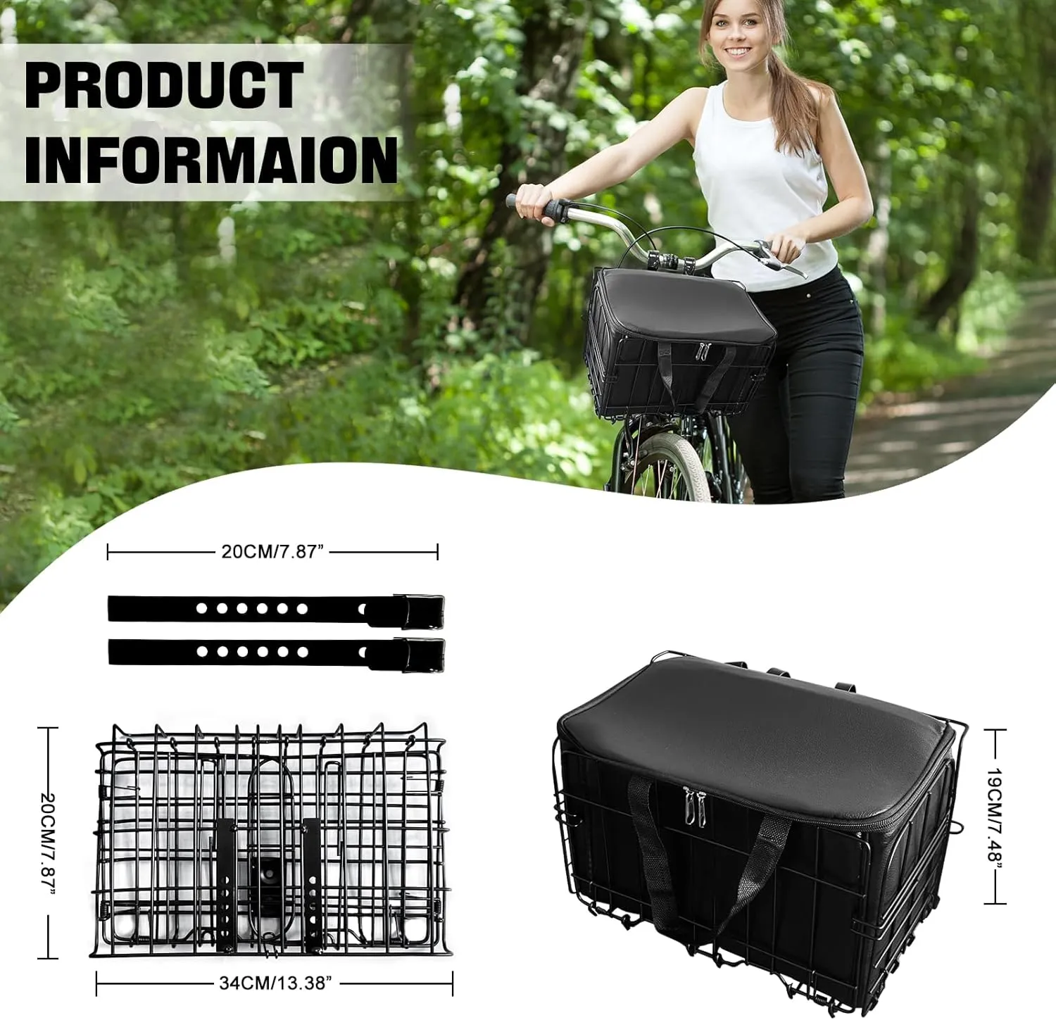 Bike Basket Front/Rear for Adult Bikes, Folding Large Rear Bicycle Basket with Removable Liner Bag Rainproof Cover