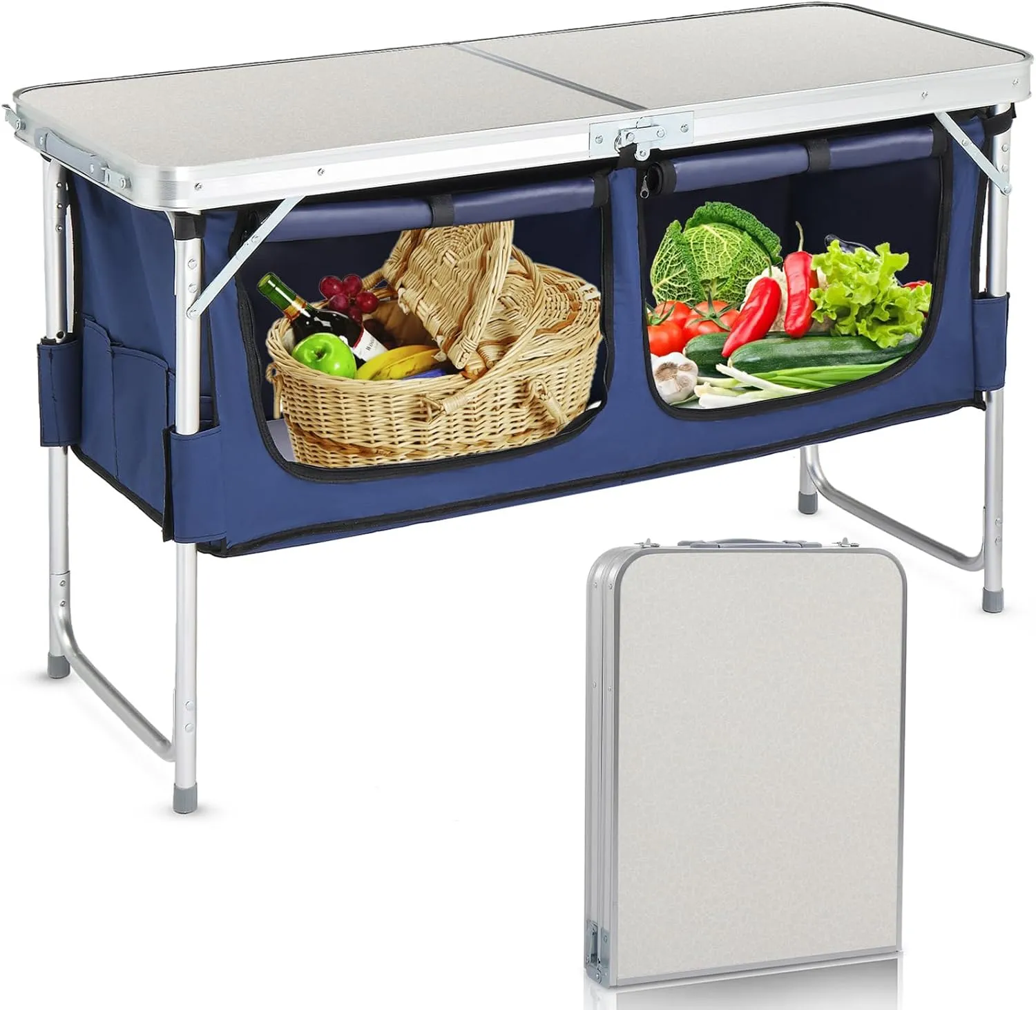 BIVVI 4 FT Folding Camping Table with Storage,Fold-in-Half Picnic Table Portable Camp Kitchen Party Table,3 Height Adjustable,Rectangular Card Table for Outdoor Picnic BBQ Backyard Beach,White 4 FT