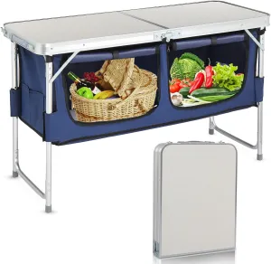 BIVVI 4 FT Folding Camping Table with Storage,Fold-in-Half Picnic Table Portable Camp Kitchen Party Table,3 Height Adjustable,Rectangular Card Table for Outdoor Picnic BBQ Backyard Beach,White 4 FT