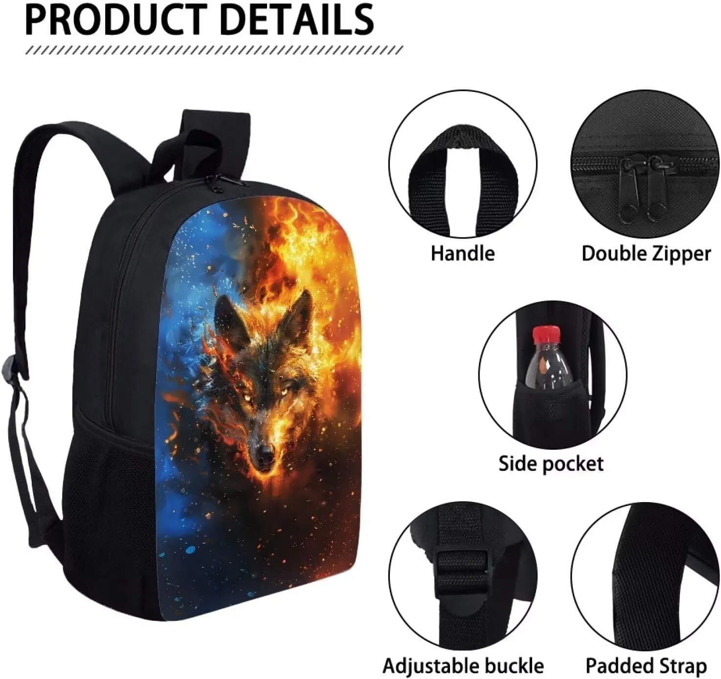 Biyejit Fire Wolf Backpack for Boys Backpack Animal Backpack for School Kids Bookbag 3rd 4th 5th Grade Elementary Travel Laptop Shoulder Bag Students Daypacks