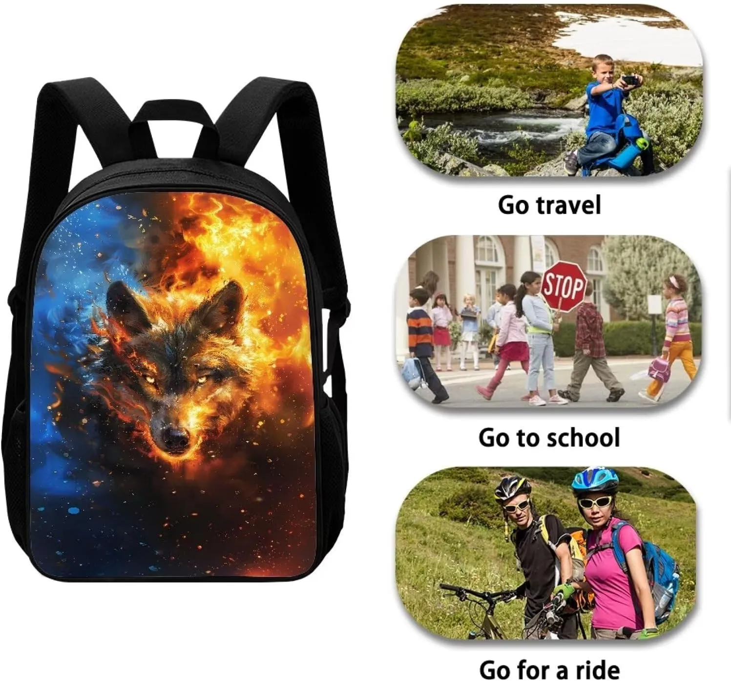 Biyejit Fire Wolf Backpack for Boys Backpack Animal Backpack for School Kids Bookbag 3rd 4th 5th Grade Elementary Travel Laptop Shoulder Bag Students Daypacks