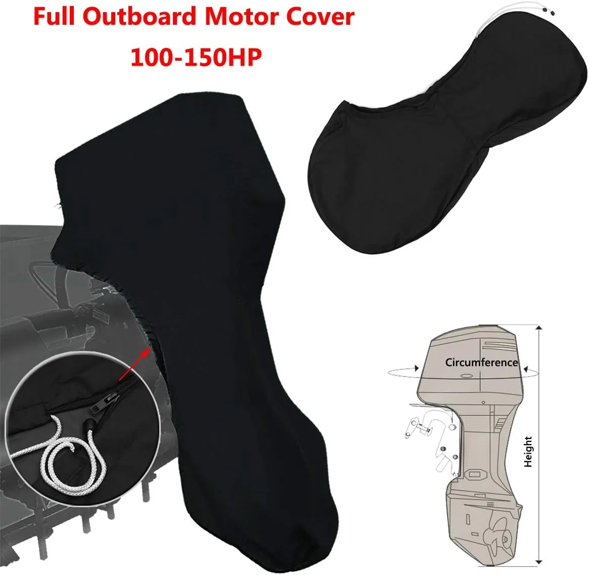 Black Full Outboard Motor Cover Fits Boat Motors 100-150HP Waterproof Rainproof Cover