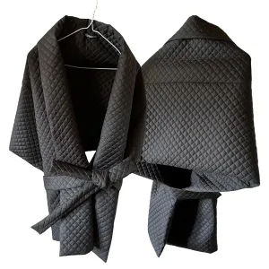 Black Long Lagre Wide Scarf Puffer 20x80 inch with 2 pocket and Belt. Cape around shoulders wrap. Winter quilted shawl. Warm padded scarf. Down puffy scarves.