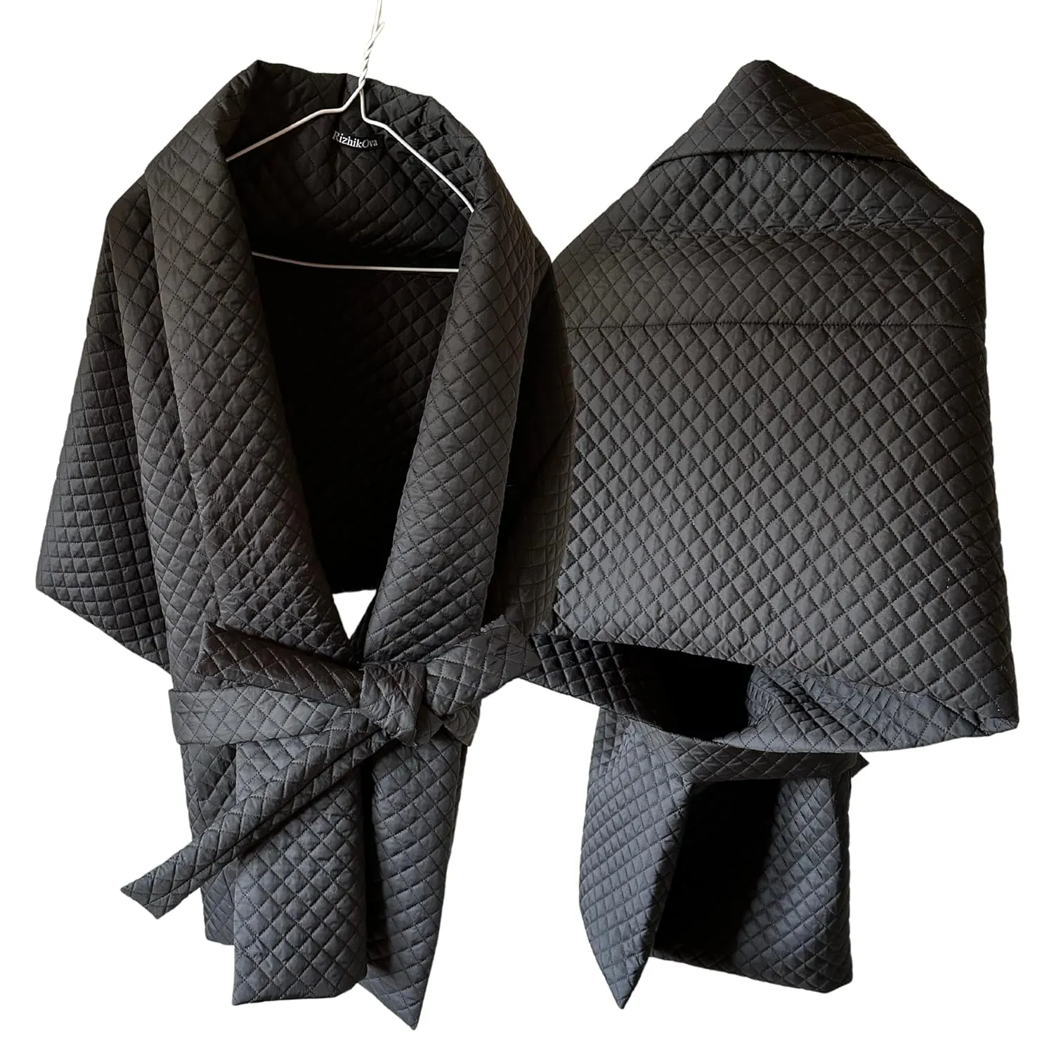 Black Long Lagre Wide Scarf Puffer 20x80 inch with 2 pocket and Belt. Cape around shoulders wrap. Winter quilted shawl. Warm padded scarf. Down puffy scarves.