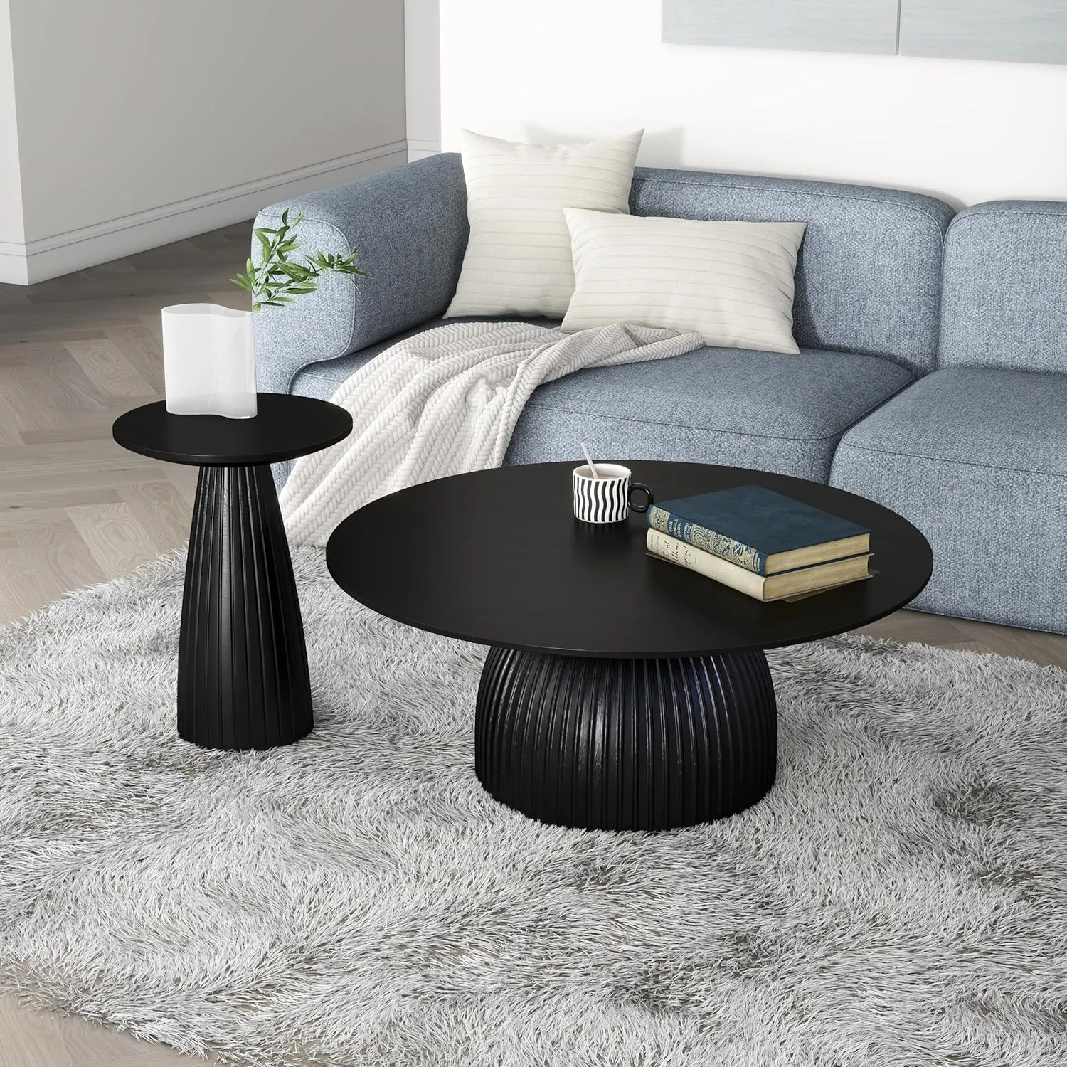 Black Pedestal Side Table 14'' Dia, Modern Accent End Table, Fluted Base Design, Minimalist Drink Table for Small Space Living Room, Bedroom
