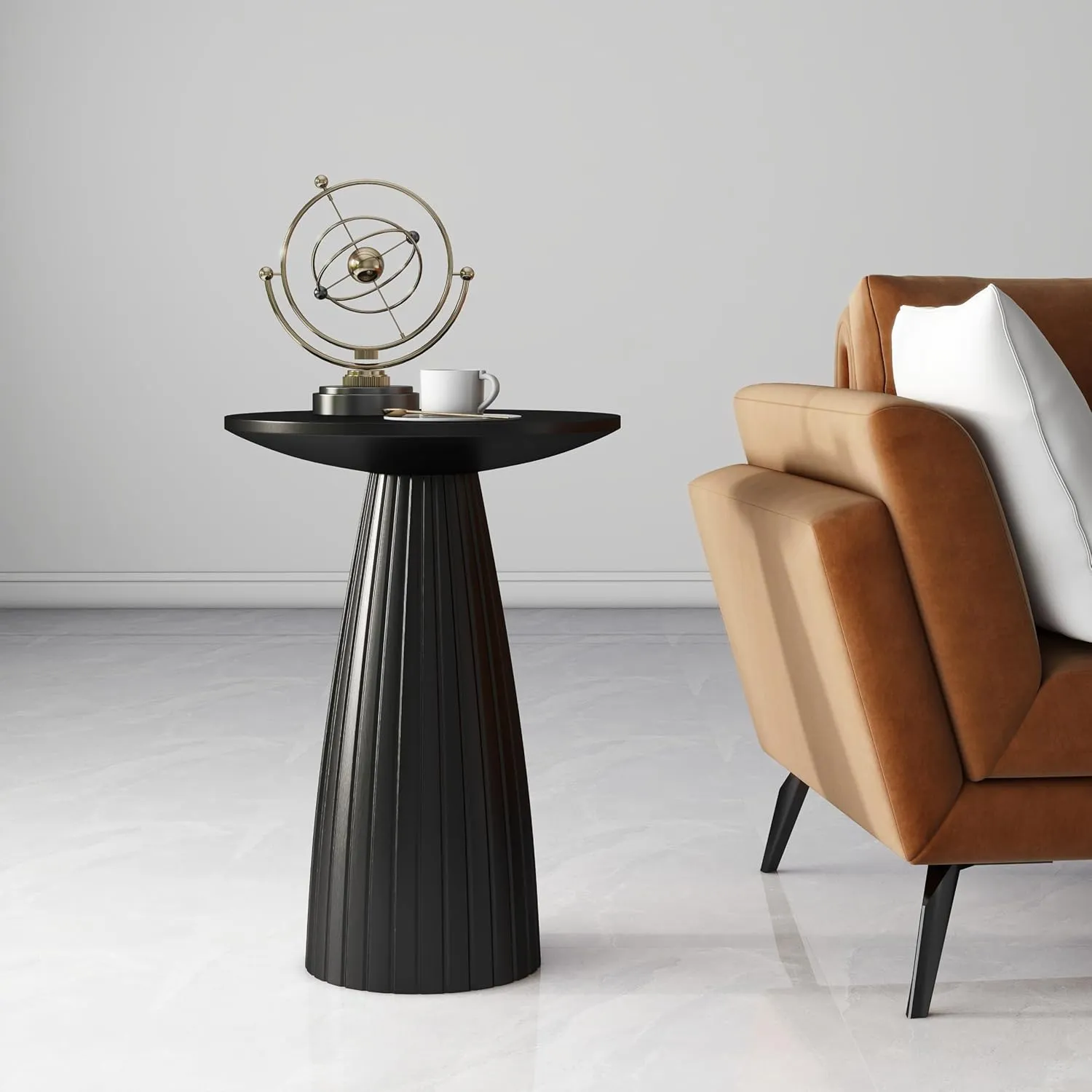 Black Pedestal Side Table 14'' Dia, Modern Accent End Table, Fluted Base Design, Minimalist Drink Table for Small Space Living Room, Bedroom