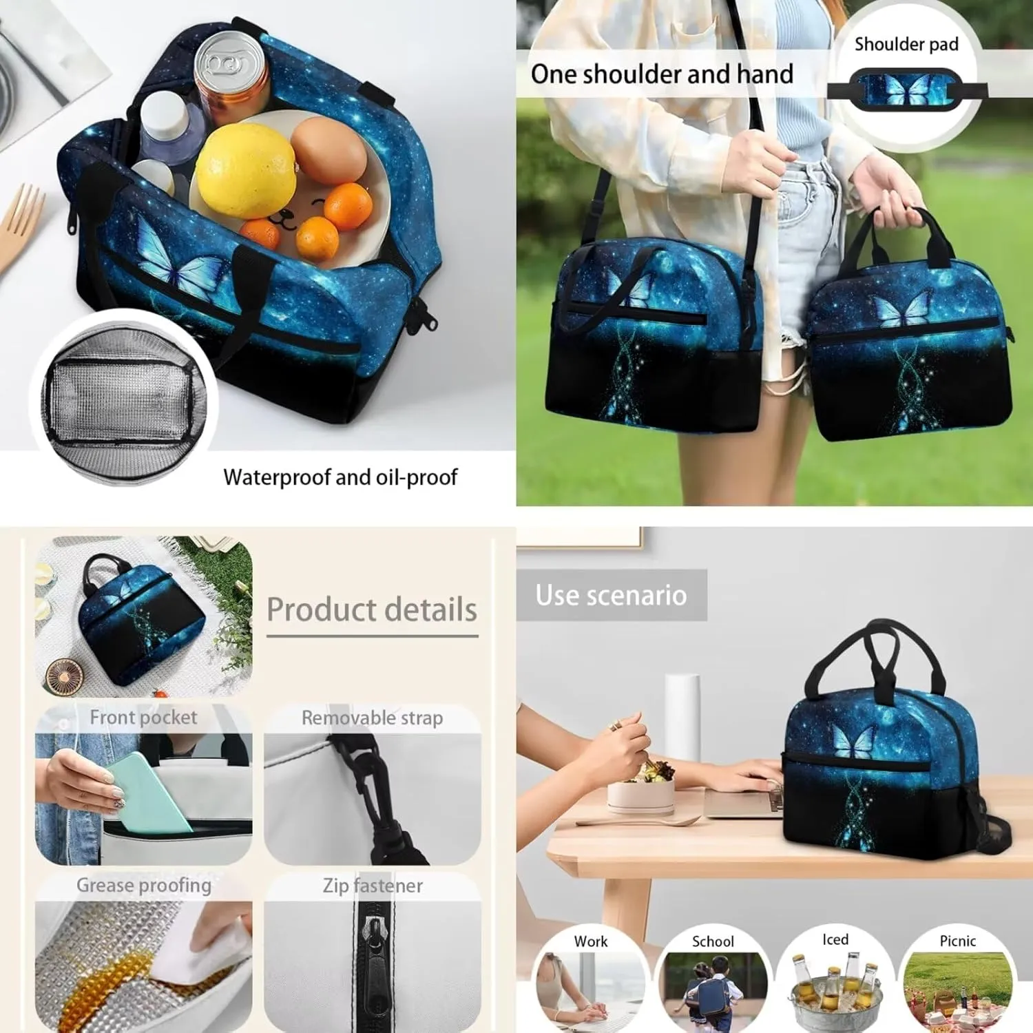 Blue Butterfly Backpack with Lunch Box for Kids Basketball School Bags Lunchbag Pencil Case Set 3 in 1, Primary Elementary 17 inch Travel Back Pack