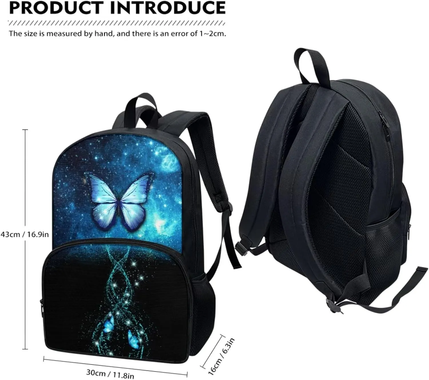 Blue Butterfly Backpack with Lunch Box for Kids Basketball School Bags Lunchbag Pencil Case Set 3 in 1, Primary Elementary 17 inch Travel Back Pack