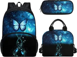 Blue Butterfly Backpack with Lunch Box for Kids Basketball School Bags Lunchbag Pencil Case Set 3 in 1, Primary Elementary 17 inch Travel Back Pack