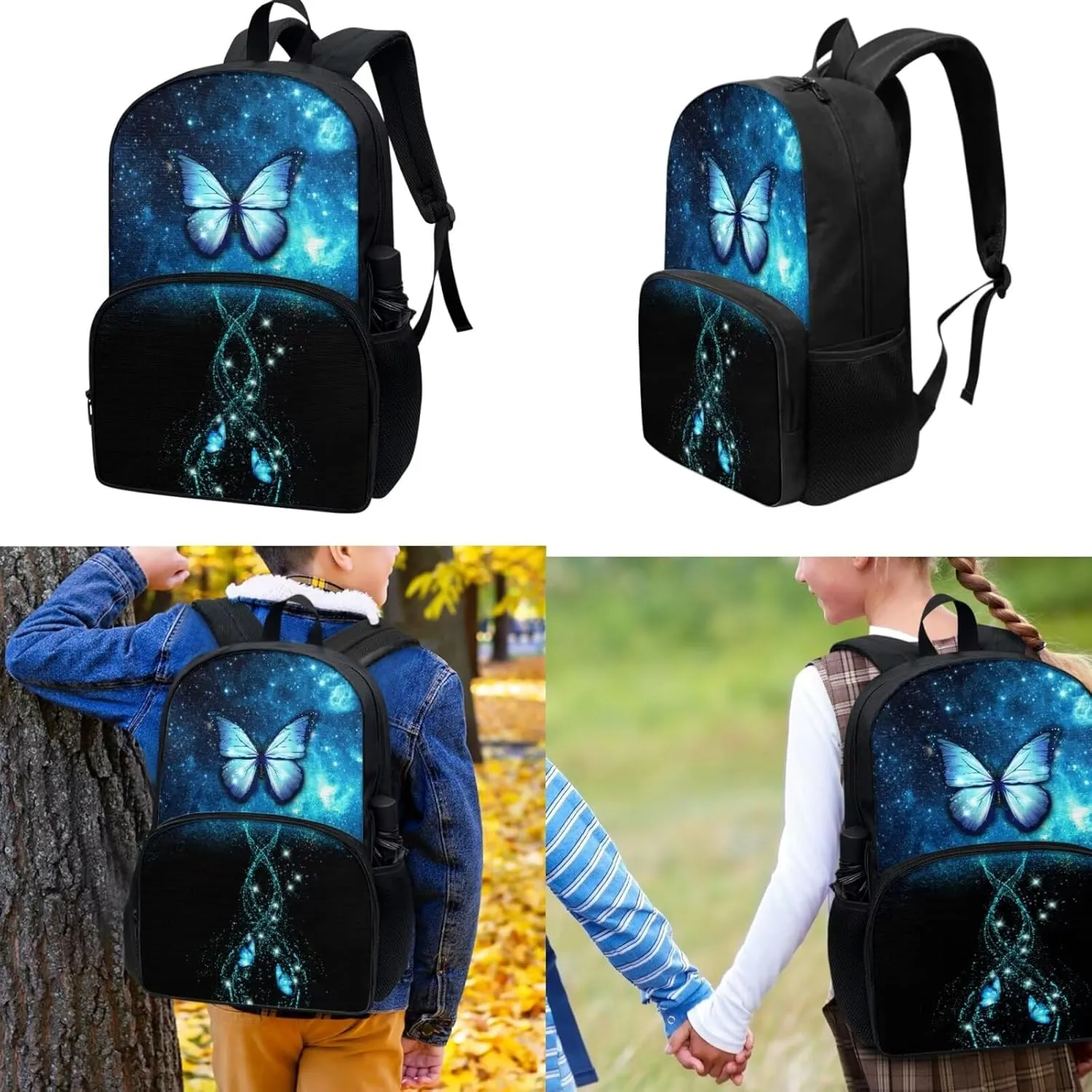 Blue Butterfly Backpack with Lunch Box for Kids Basketball School Bags Lunchbag Pencil Case Set 3 in 1, Primary Elementary 17 inch Travel Back Pack