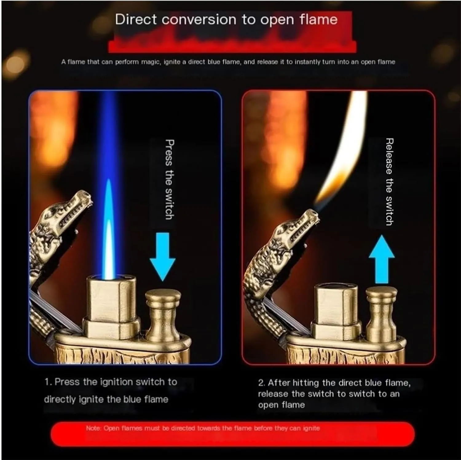 Blue Windproof Straight Flame Butane Lighter Vintage Open Flame Metal Embossed Refillable Fuel Lighters Dual Flame (Butane Not Included)(Whitegreen)