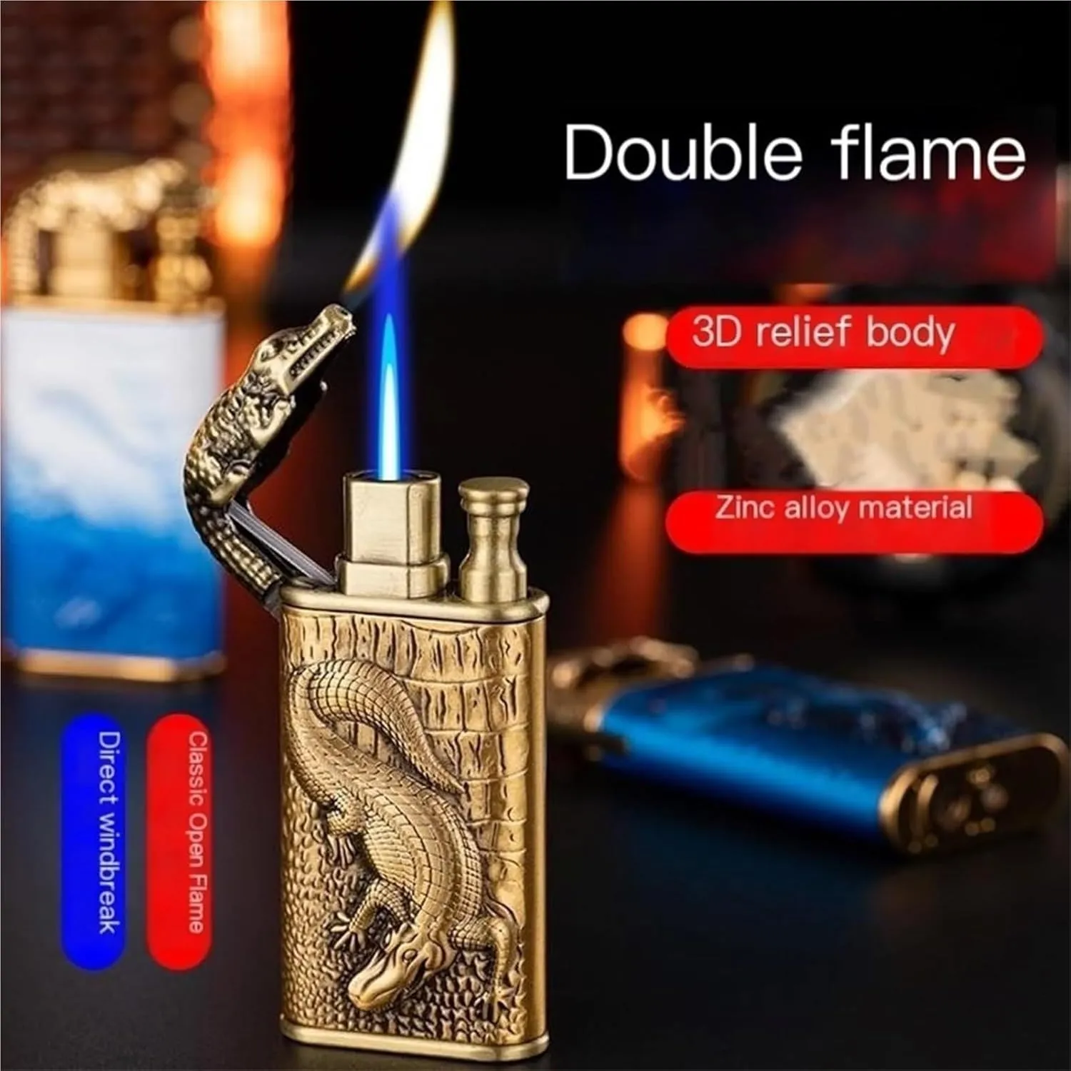 Blue Windproof Straight Flame Butane Lighter Vintage Open Flame Metal Embossed Refillable Fuel Lighters Dual Flame (Butane Not Included)(Whitegreen)