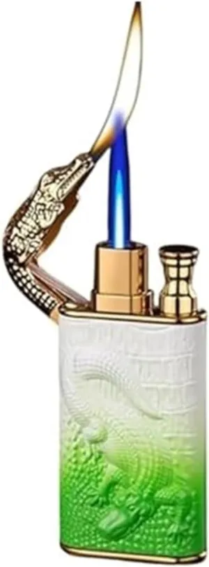 Blue Windproof Straight Flame Butane Lighter Vintage Open Flame Metal Embossed Refillable Fuel Lighters Dual Flame (Butane Not Included)(Whitegreen)