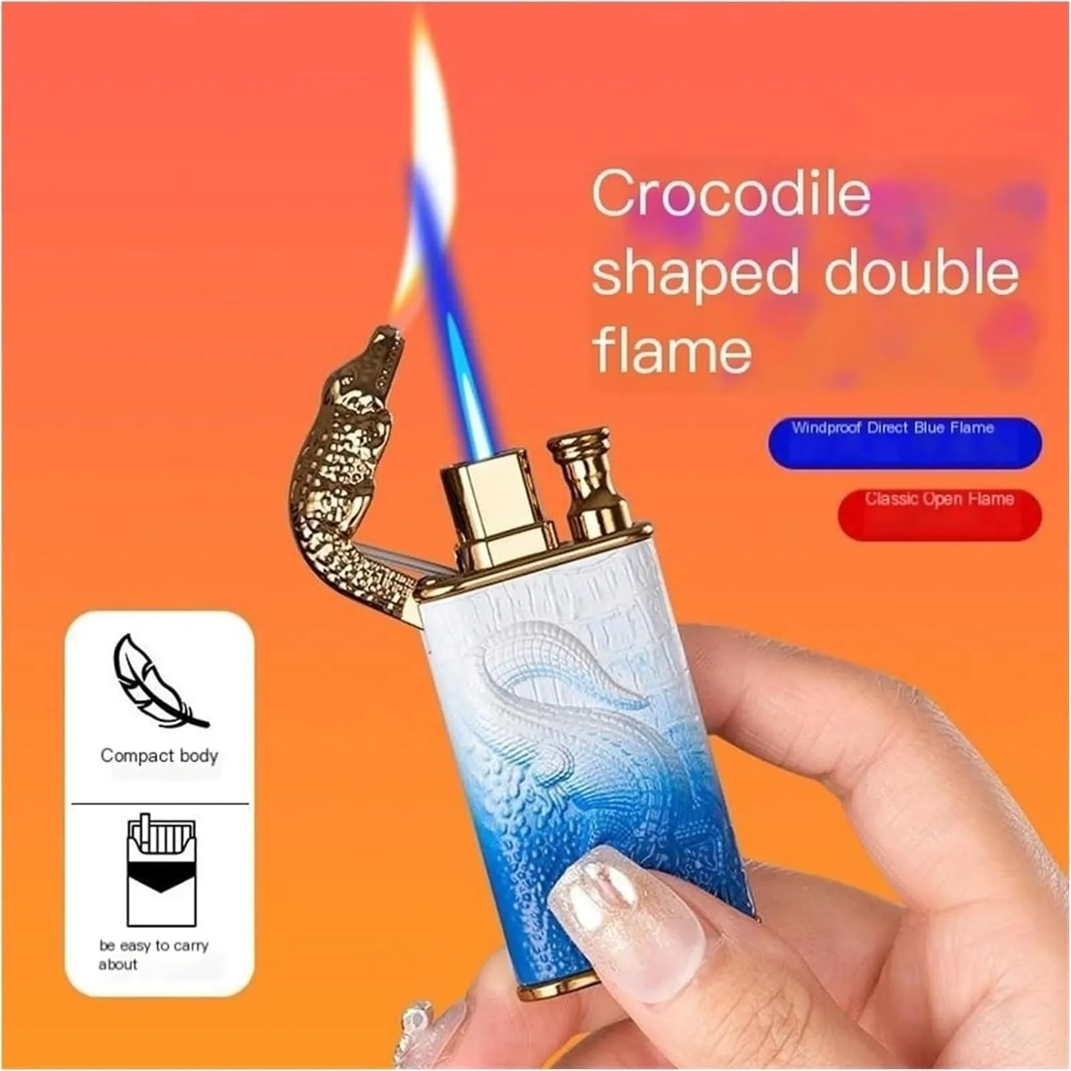 Blue Windproof Straight Flame Butane Lighter Vintage Open Flame Metal Embossed Refillable Fuel Lighters Dual Flame (Butane Not Included)(Whitegreen)