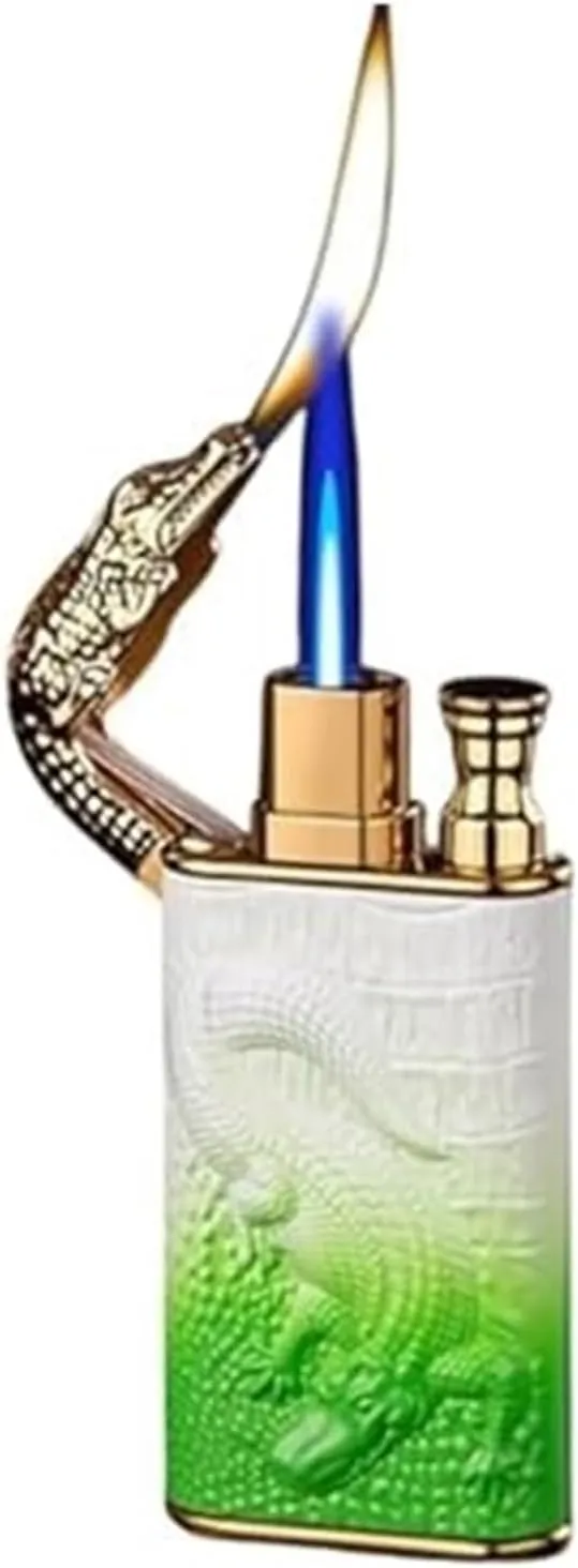 Blue Windproof Straight Flame Butane Lighter Vintage Open Flame Metal Embossed Refillable Fuel Lighters Dual Flame (Butane Not Included)(Whitegreen)