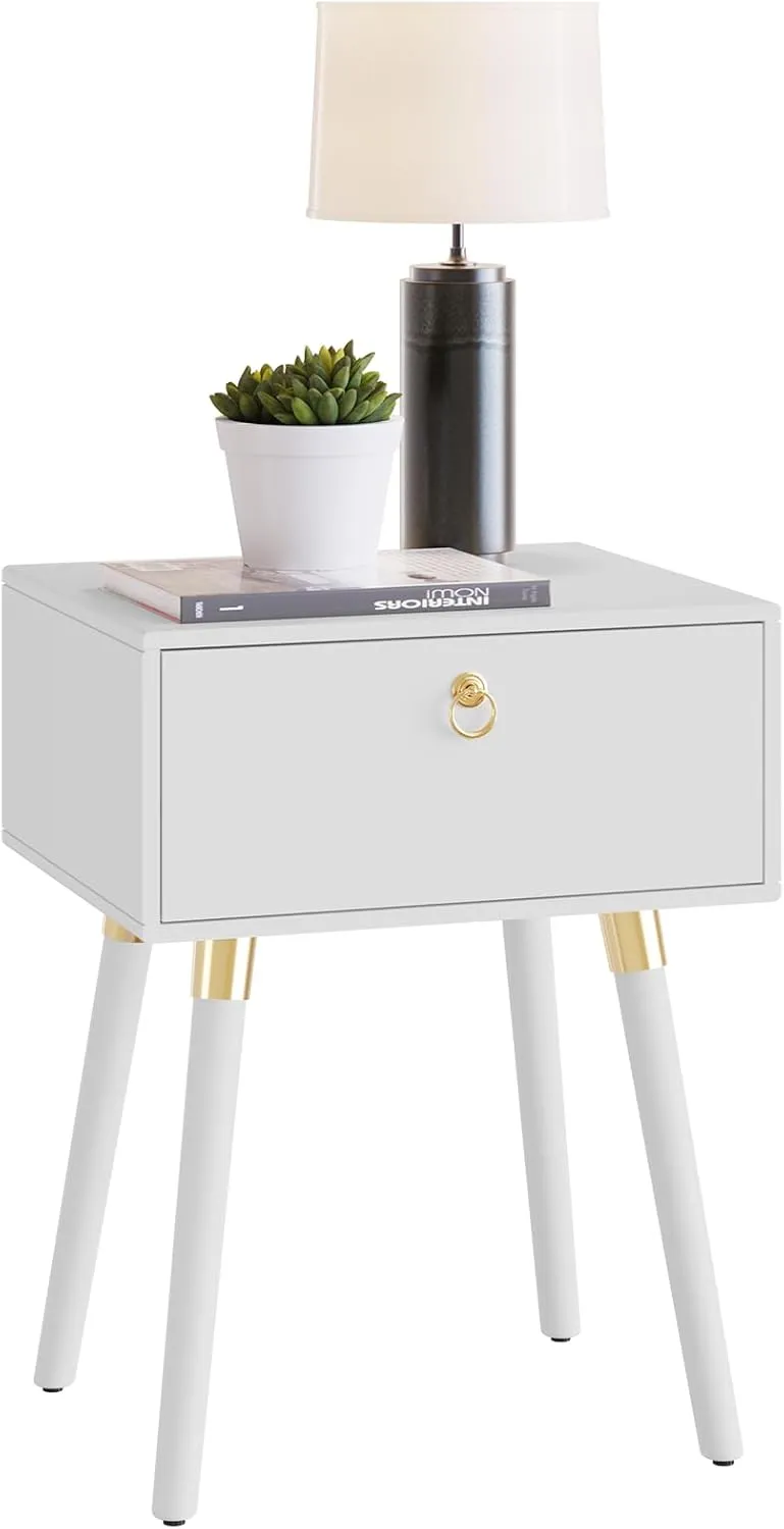 Bme Alden Wood Nightstand, Solid Wood End Table, Mid Century Modern Nightstand, Side Table with 1 Drawer, Compact for Bedroom, Living Room & Study Room, Easy Assembly, Ivory White