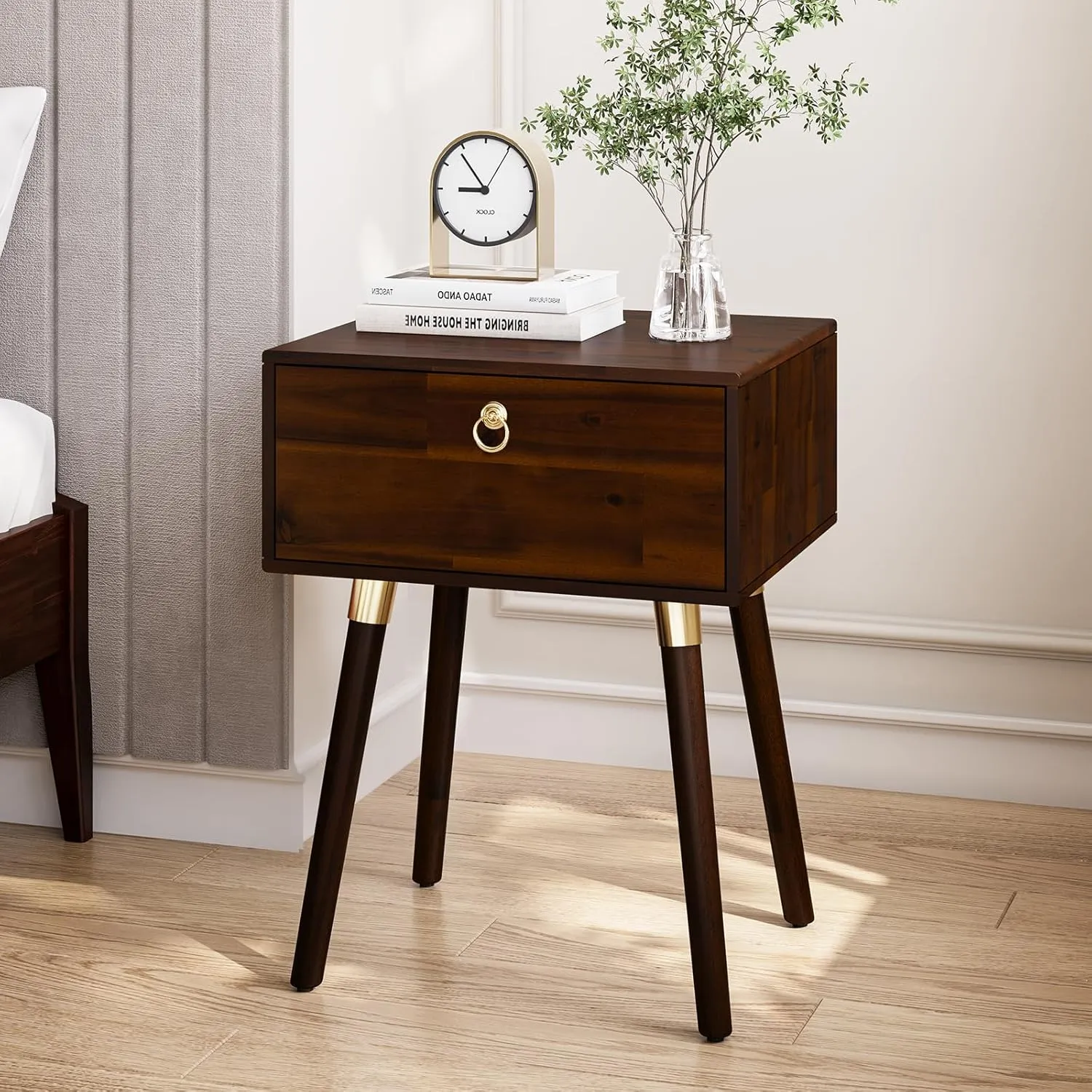 Bme Alden Wood Nightstand, Solid Wood End Table, Mid Century Modern Nightstand, Side Table with 1 Drawer, Compact for Bedroom, Living Room & Study Room, Easy Assembly, Walnut