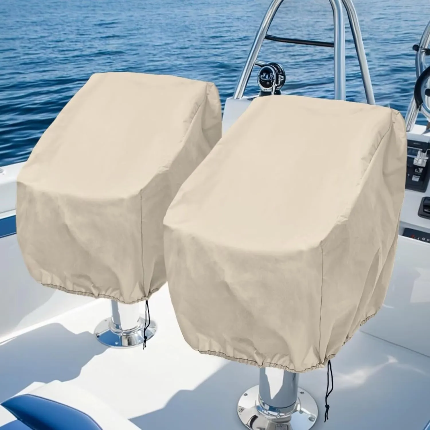Boatee 2 Pack Boat Bench Chair Cover Dustproof Helm Chair Protective Covers Weather Resistant Boat Cover for High-Back Folding Boat Seat Heavy Duty Boat Caption Seat Cover Beige