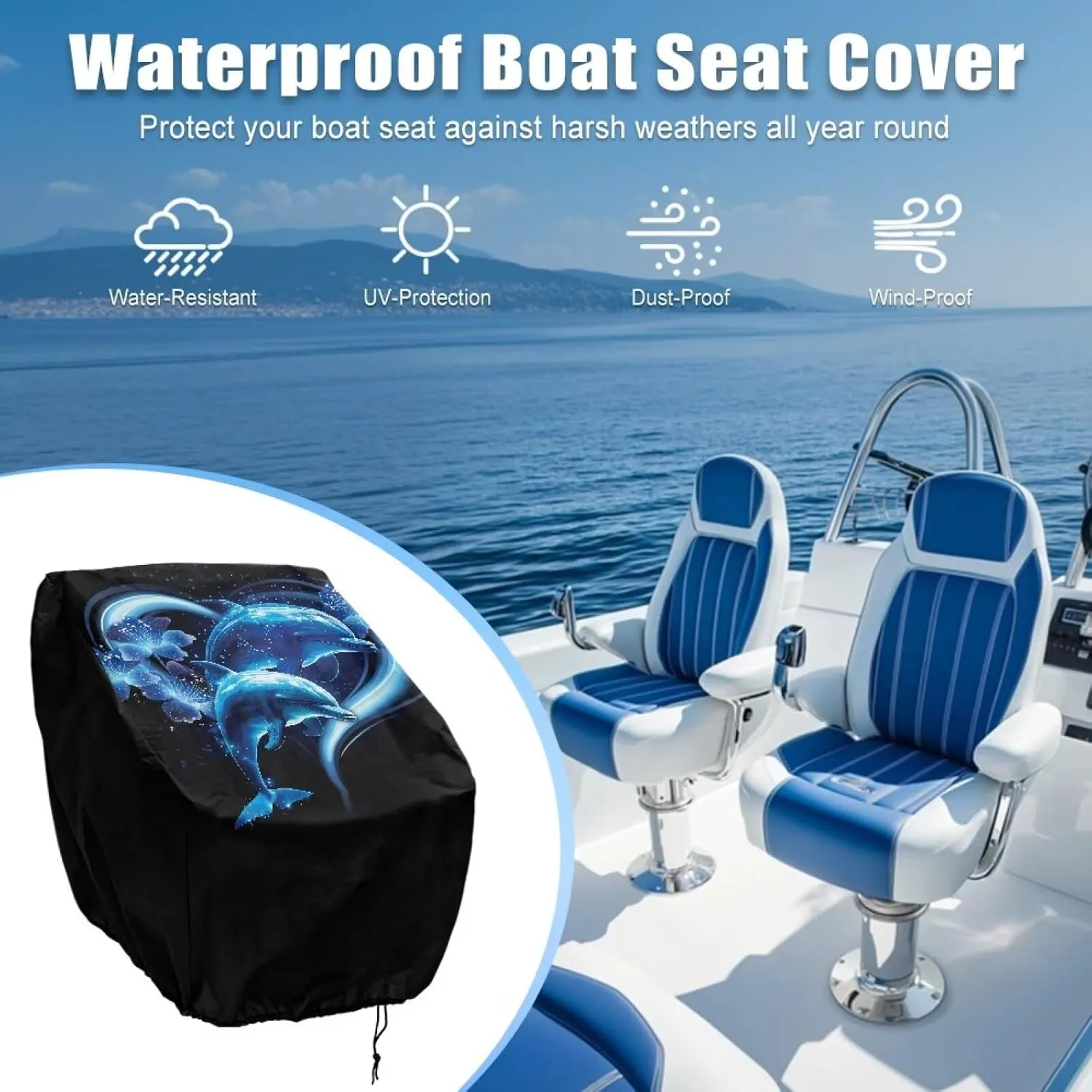 Boatee 2 Pack Boat Bench Chair Cover Waterproof Helm Chair Protective Covers with Drawstring Boat Accessories Windproof Heavy Duty Boat Folding Chair Cover