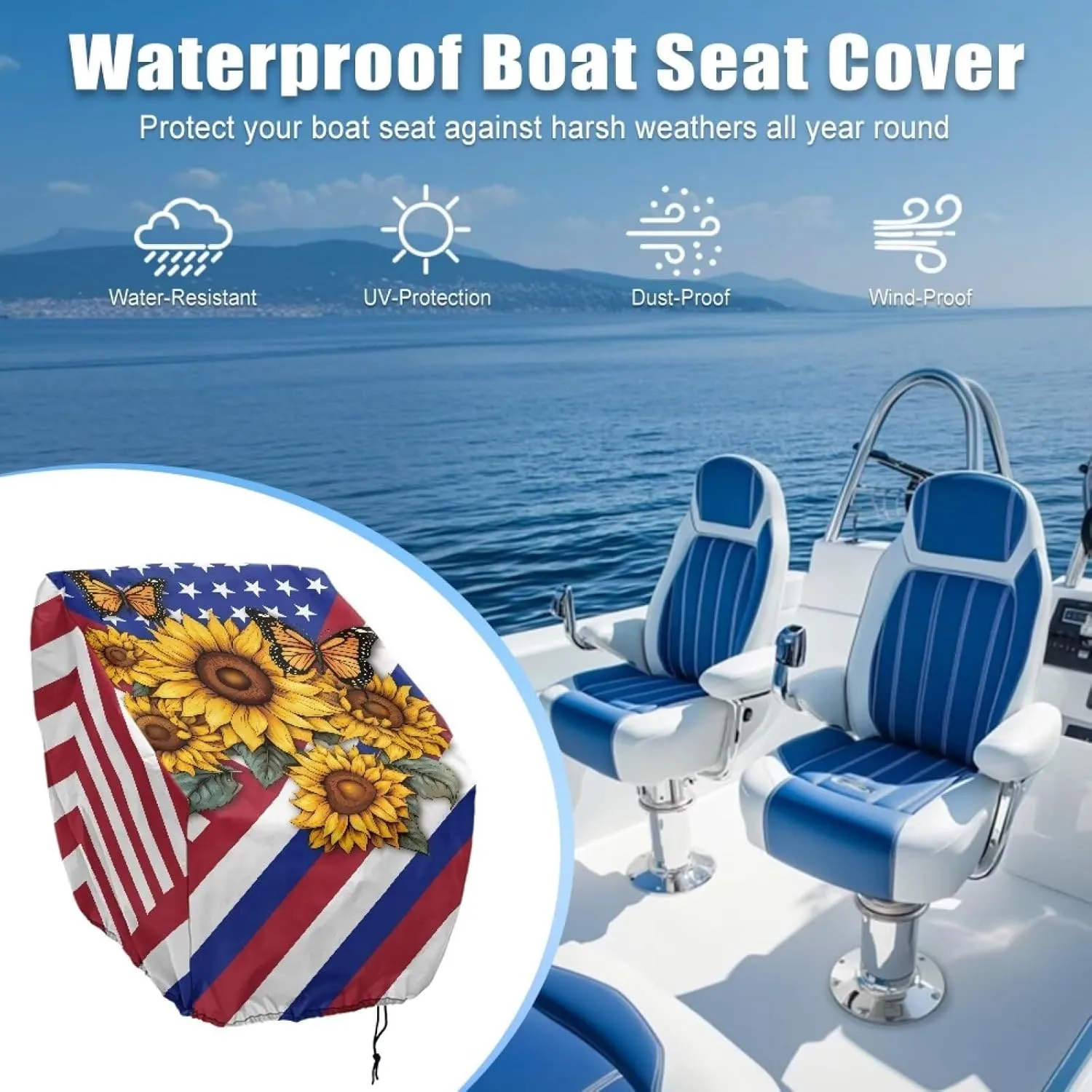 Boatee Sunflower American Flag Boat Folding Seat Cover UV Resistant Heavy Duty Boat Caption Seat Cover Dust-Proof Boat Cover Easy to Install Helm Chair Protective Covers