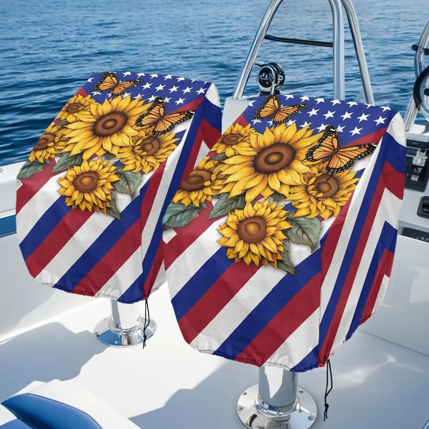 Boatee Sunflower American Flag Boat Folding Seat Cover UV Resistant Heavy Duty Boat Caption Seat Cover Dust-Proof Boat Cover Easy to Install Helm Chair Protective Covers