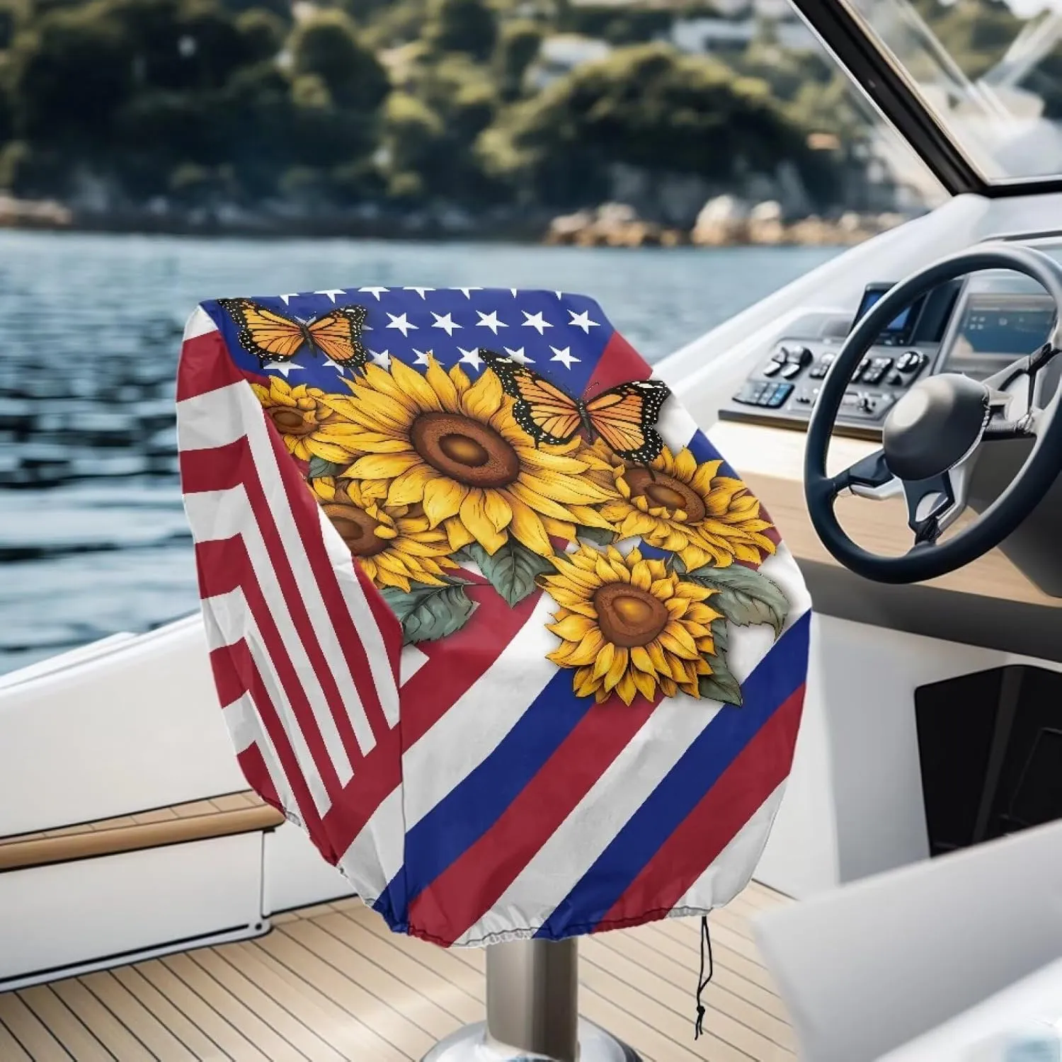 Boatee Sunflower American Flag Boat Folding Seat Cover UV Resistant Heavy Duty Boat Caption Seat Cover Dust-Proof Boat Cover Easy to Install Helm Chair Protective Covers