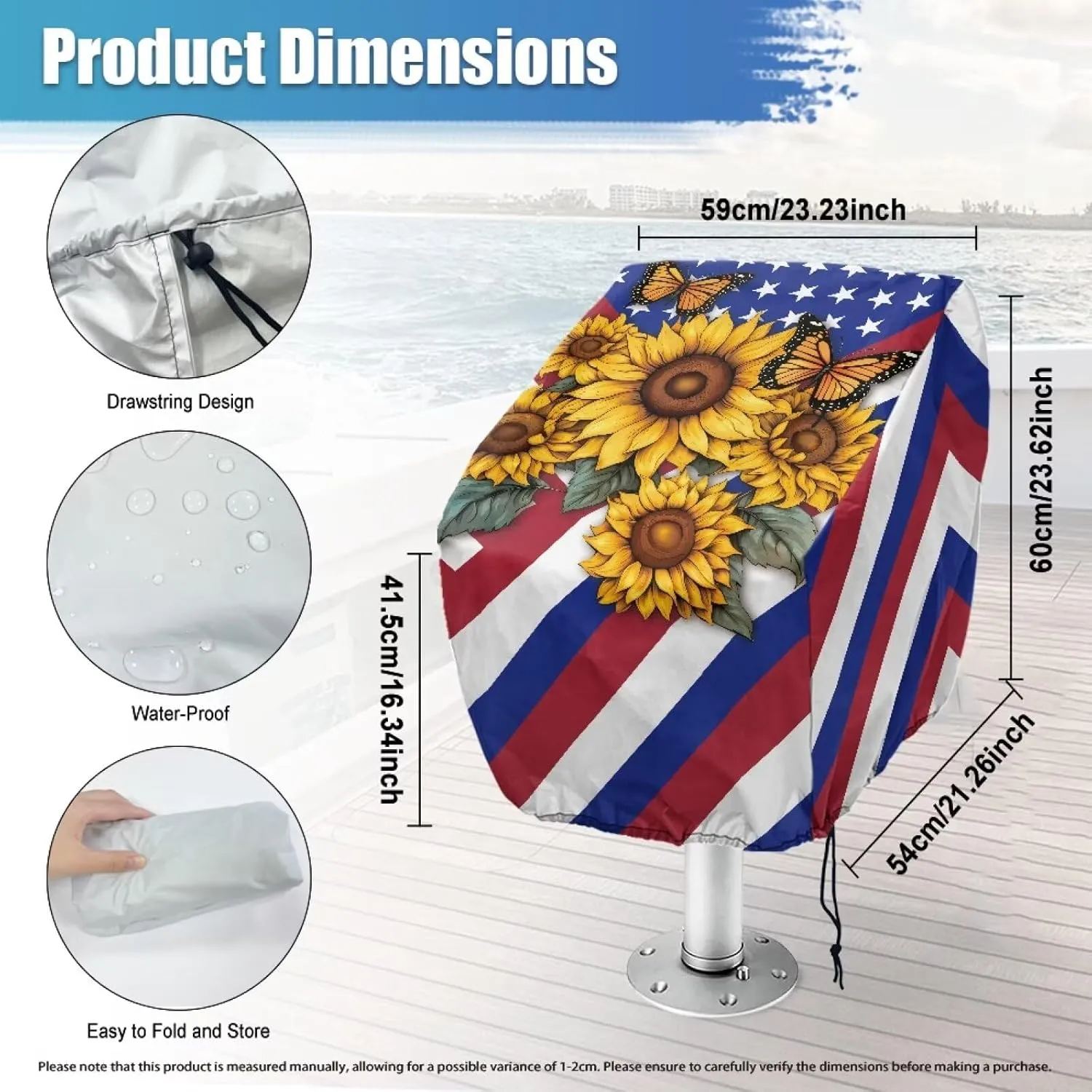 Boatee Sunflower American Flag Boat Folding Seat Cover UV Resistant Heavy Duty Boat Caption Seat Cover Dust-Proof Boat Cover Easy to Install Helm Chair Protective Covers