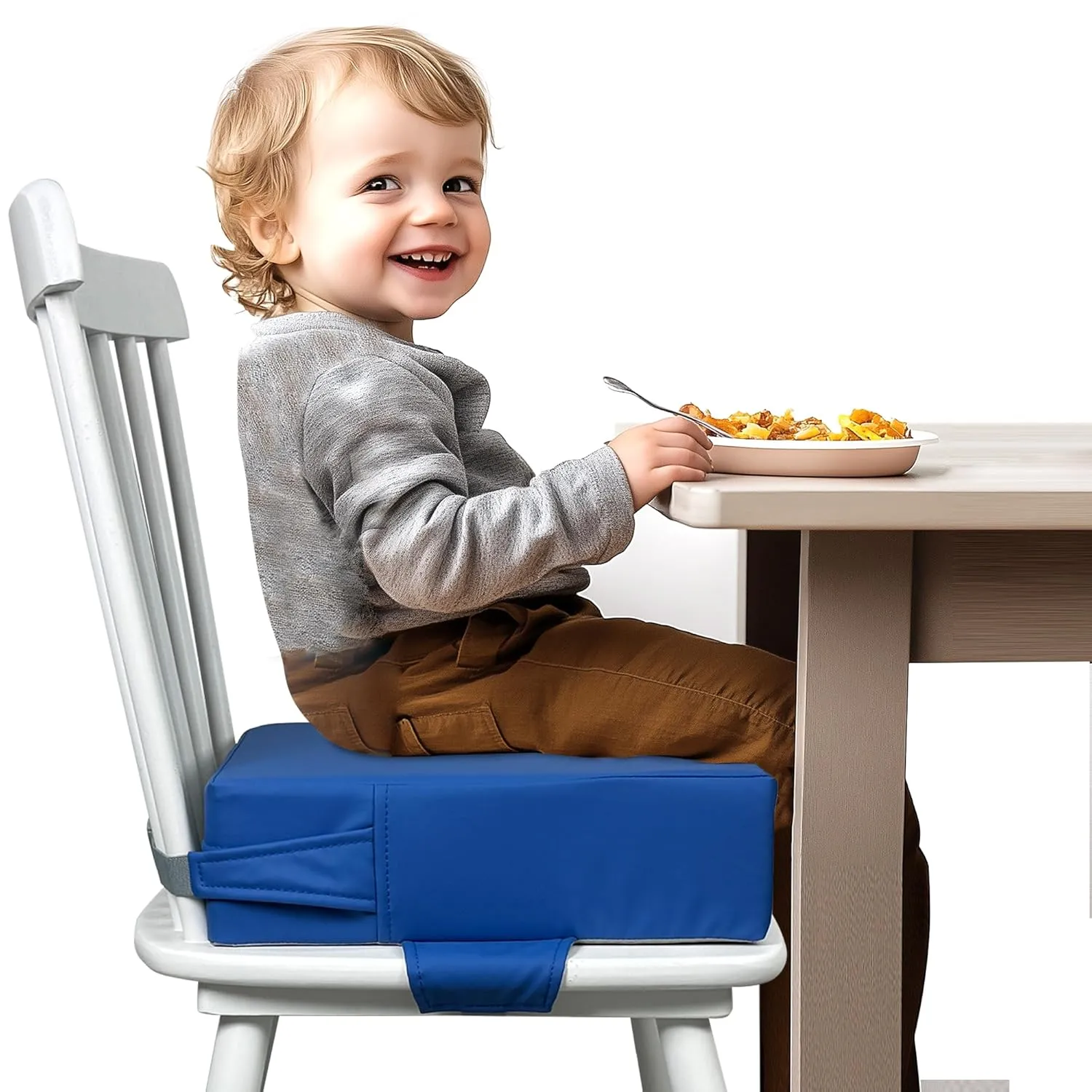 Booster Seat for Kitchen Chair (PU Material),Toddler Booster Seats for Dining Table Portable for Travel Camping Eating Double Safe Straps Non-Slip Bottom (Dark Blue)