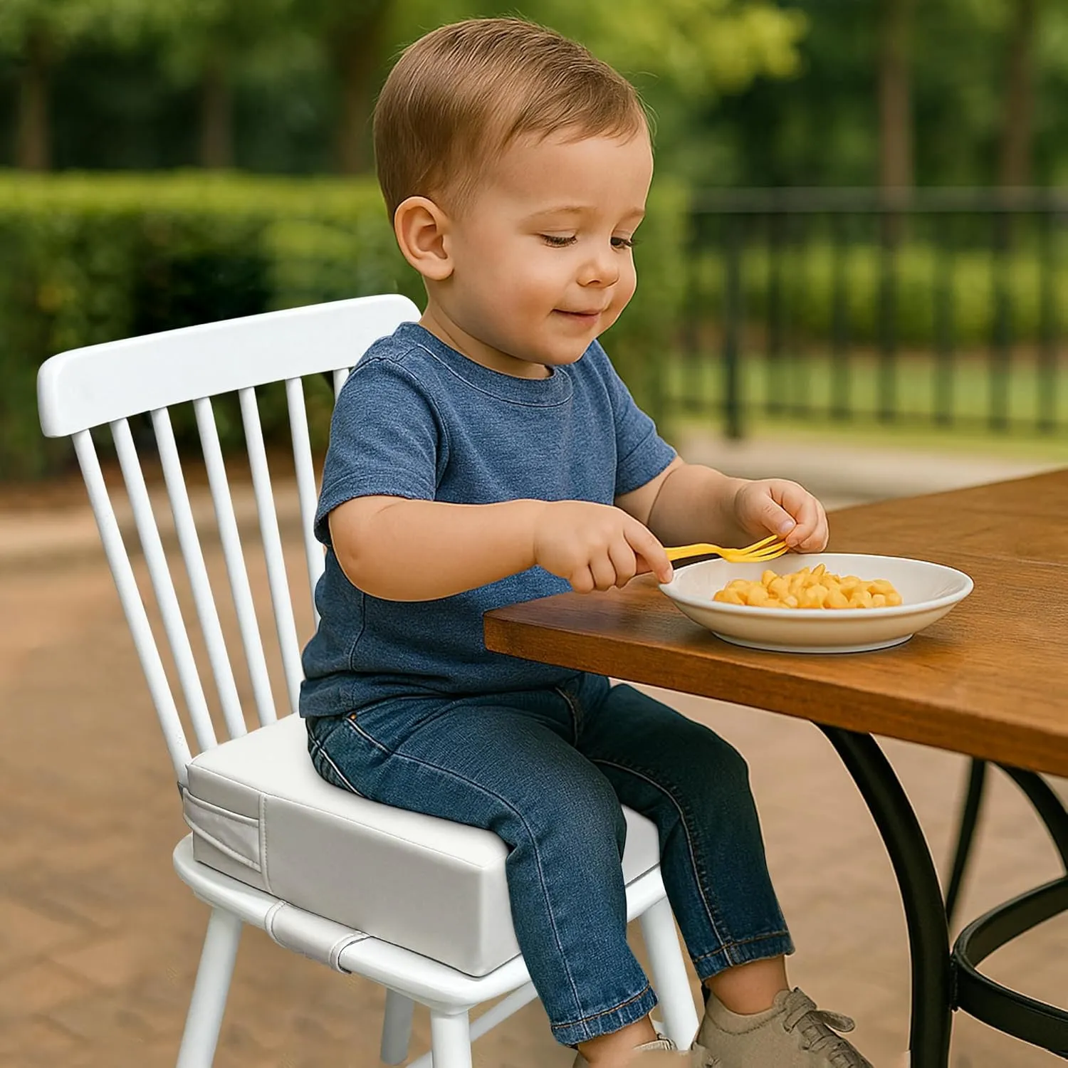 Booster Seat for Kitchen Chair (PU Material),Toddler Booster Seats for Dining Table Portable for Travel Camping Eating Double Safe Straps Non-Slip Bottom (Grey)