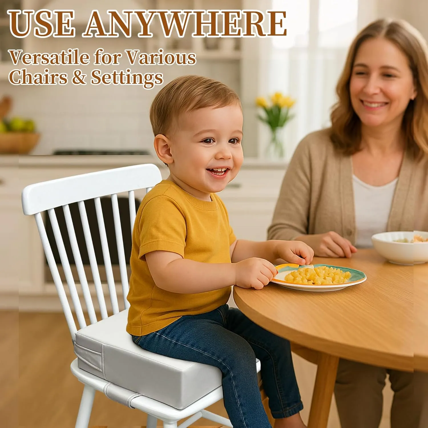Booster Seat for Kitchen Chair (PU Material),Toddler Booster Seats for Dining Table Portable for Travel Camping Eating Double Safe Straps Non-Slip Bottom (Grey)