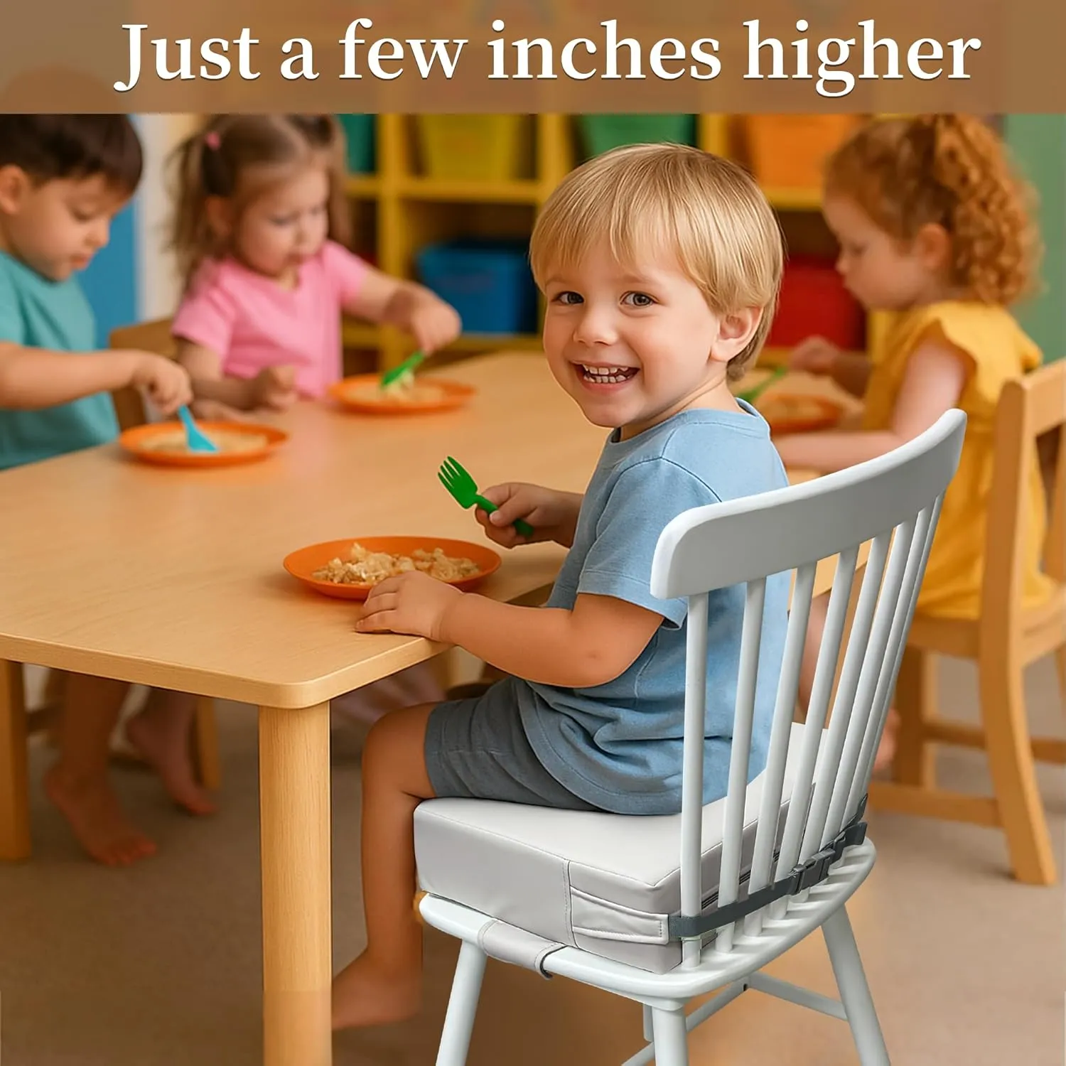 Booster Seat for Kitchen Chair (PU Material),Toddler Booster Seats for Dining Table Portable for Travel Camping Eating Double Safe Straps Non-Slip Bottom (Grey)
