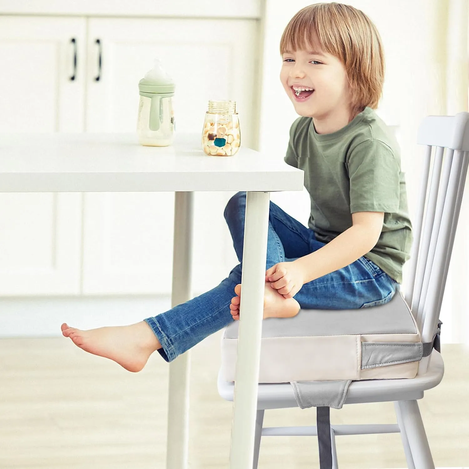 Booster Seat for Kitchen Chair (PU Material),Toddler Booster Seats for Dining Table Portable for Travel Camping Eating Double Safe Straps Non-Slip Bottom (Light Grey)