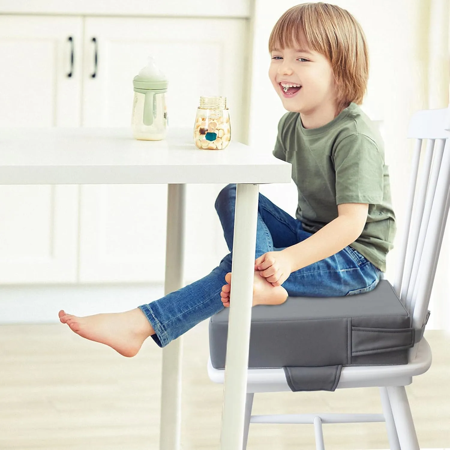 Booster Seat for Kitchen Chair (PU Material),Toddler Booster Seats for Dining Table Portable for Travel Camping Eating Double Safe Straps Non-Slip Bottom (Rock Grey)