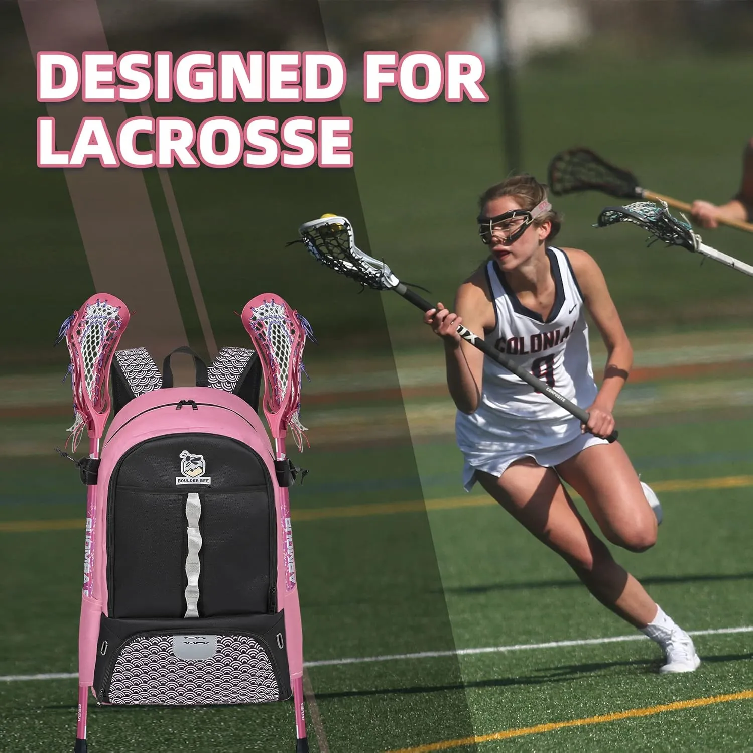 Boulder Bee Lacrosse Backpack with Stick Holders, Field Hockey Bag, Lacrosse Gift for Women